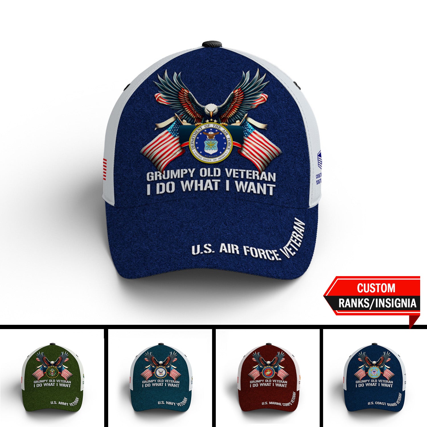 Custom Ranks/Insignia, Personalized Name And Years Served All Over Prints Premium Classic Cap JAOVC17
