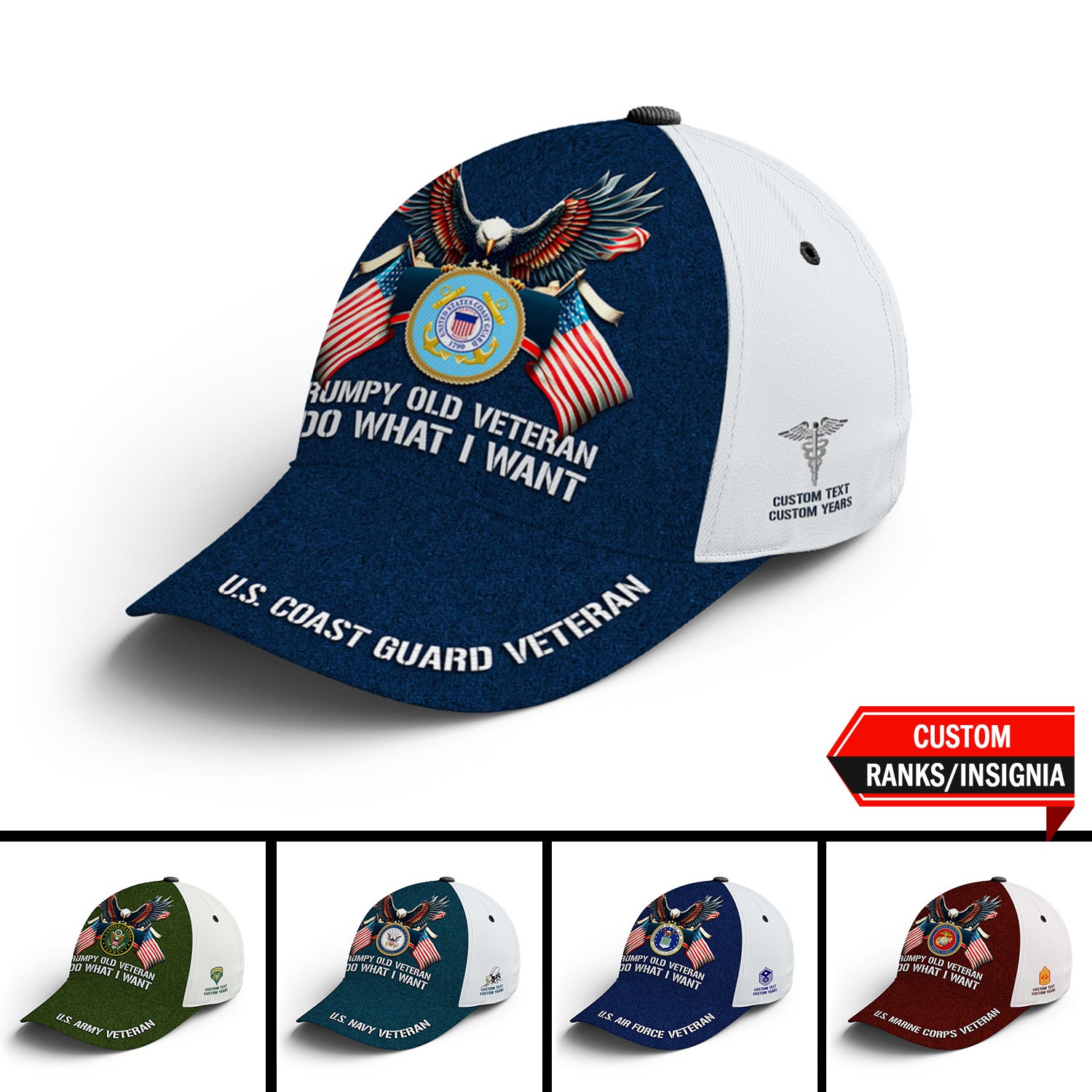 Custom Ranks/Insignia, Personalized Name And Years Served All Over Prints Premium Classic Cap JAOVC17