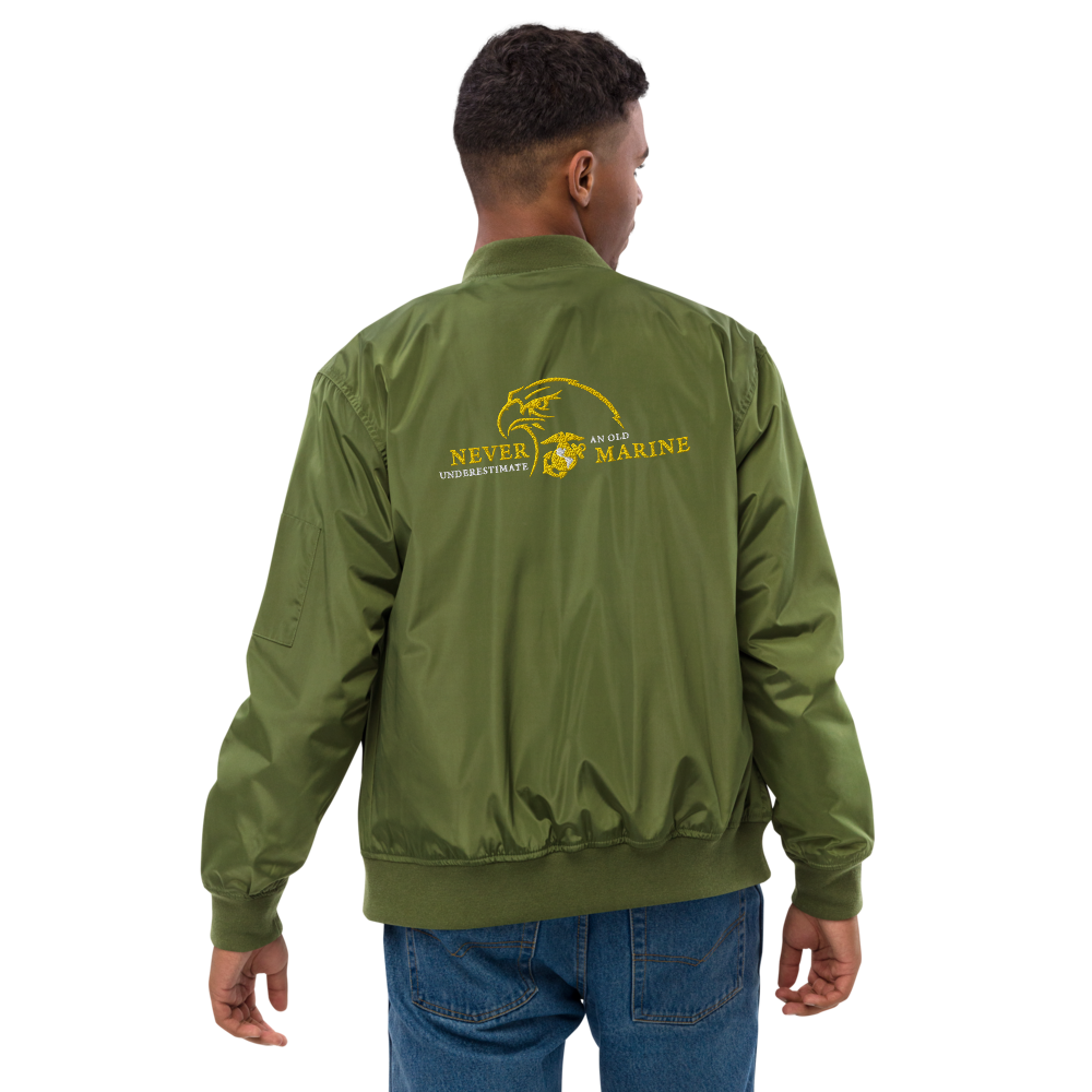 Never Underestimate An Old Marine, Custom MARlNE Ranks, Insignia On Back, Embroidered Recycled Bomber Jacket