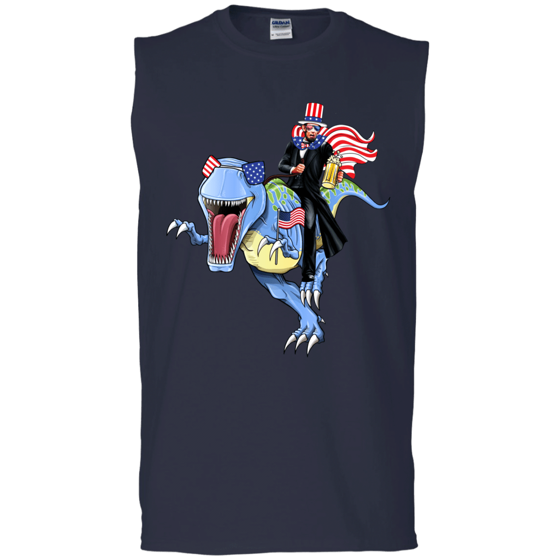 Military T-Shirt "Lincoln Dinosaur Beer Merica Flag" Front-TShirt-General-Veterans Nation