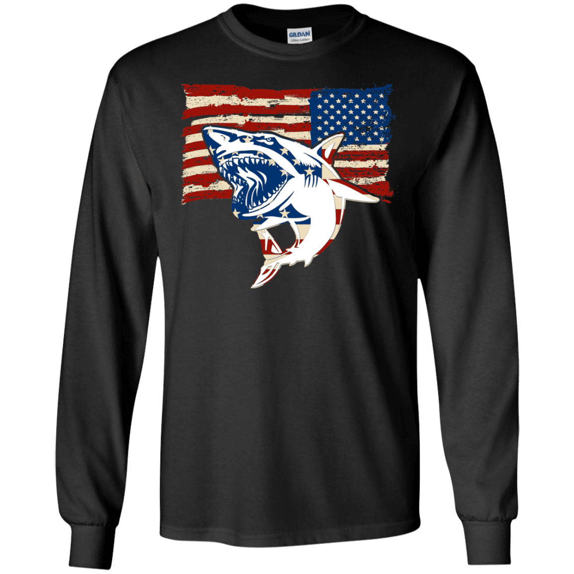 Military T-Shirt "Independence Day Shark American Flag" Front-TShirt-General-Veterans Nation