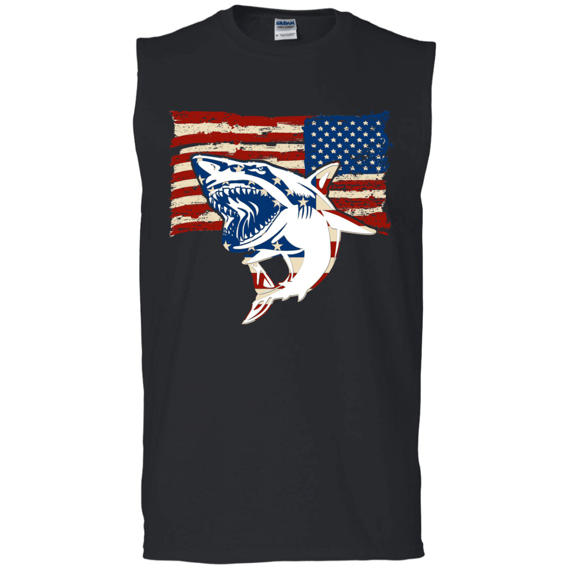 Military T-Shirt "Independence Day Shark American Flag" Front-TShirt-General-Veterans Nation