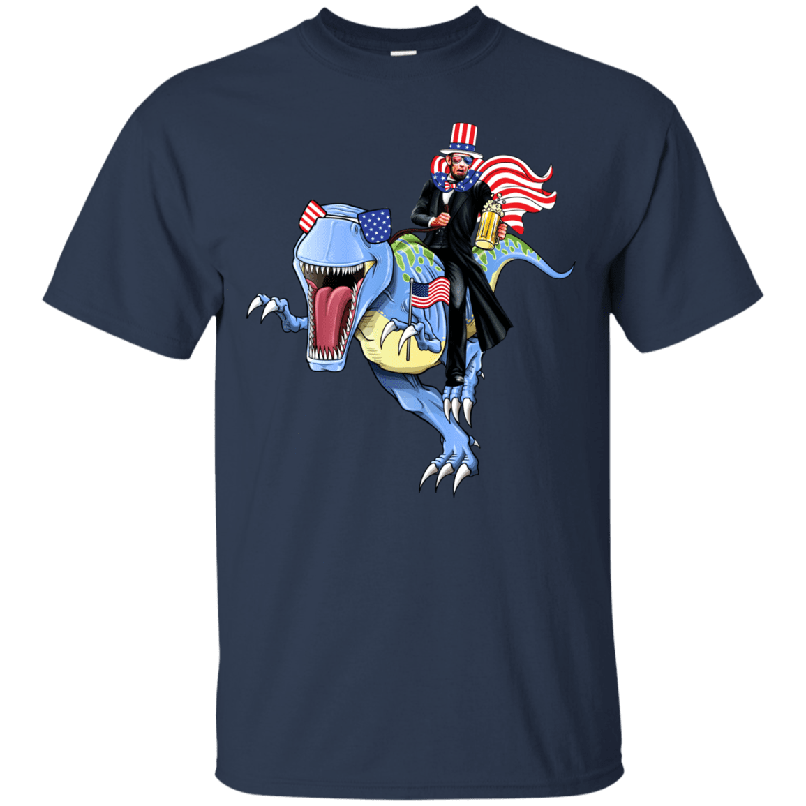 Military T-Shirt "Lincoln Dinosaur Beer Merica Flag" Front-TShirt-General-Veterans Nation