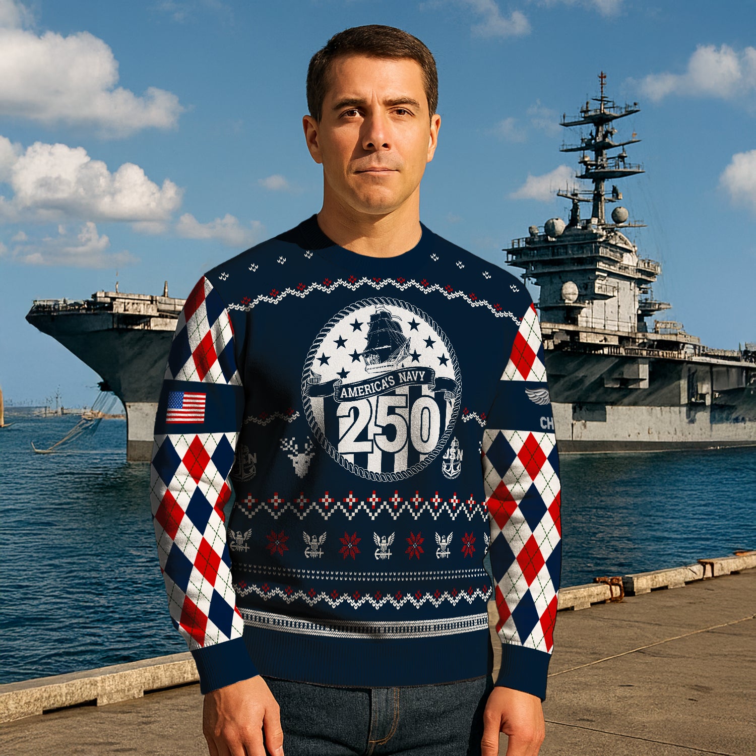 Custom Ranks And Text US Navy Ugly Christmas Sweater for Women Men JUST05