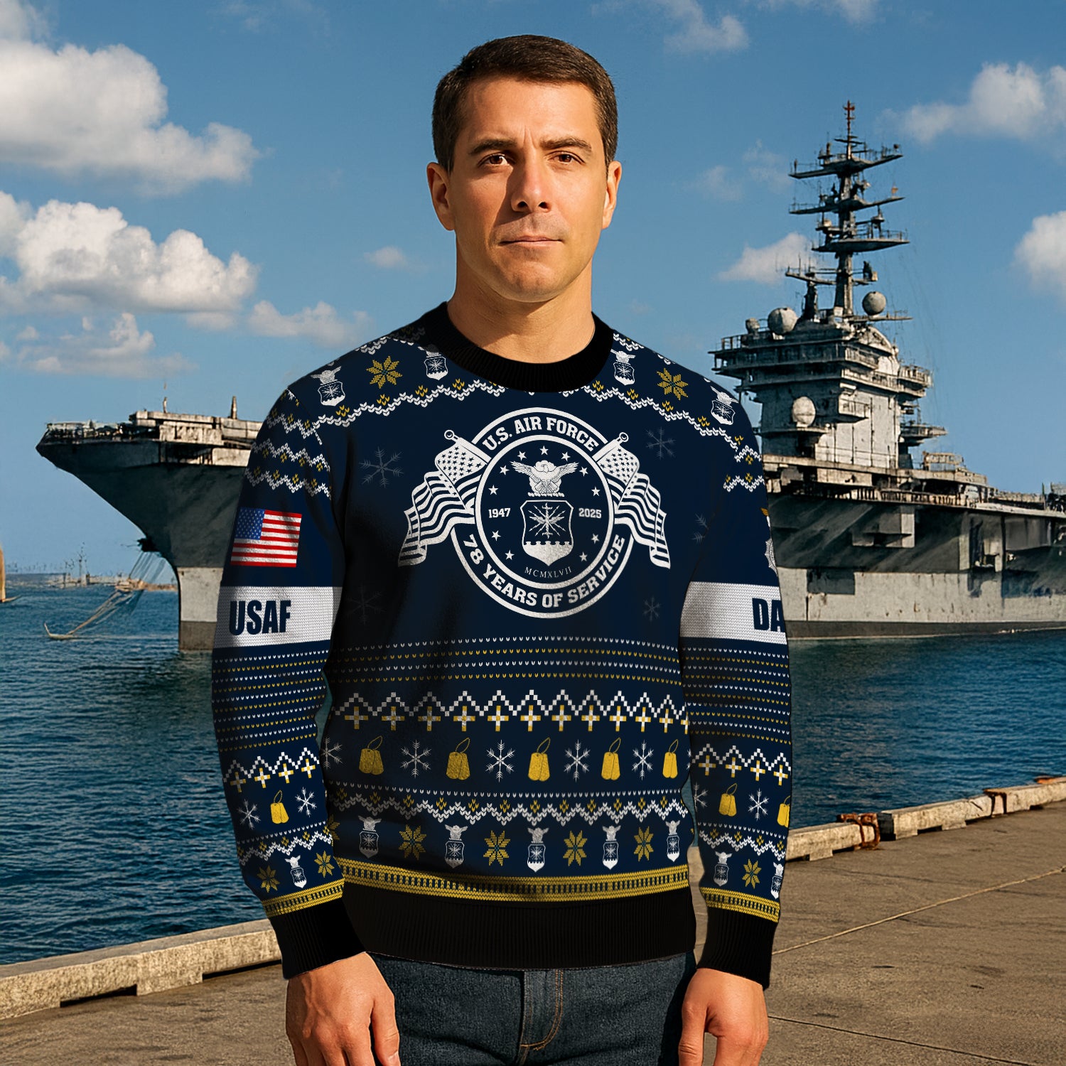 Custom Ranks And Text US Air Force Ugly Christmas Sweater for Women Men JUST04