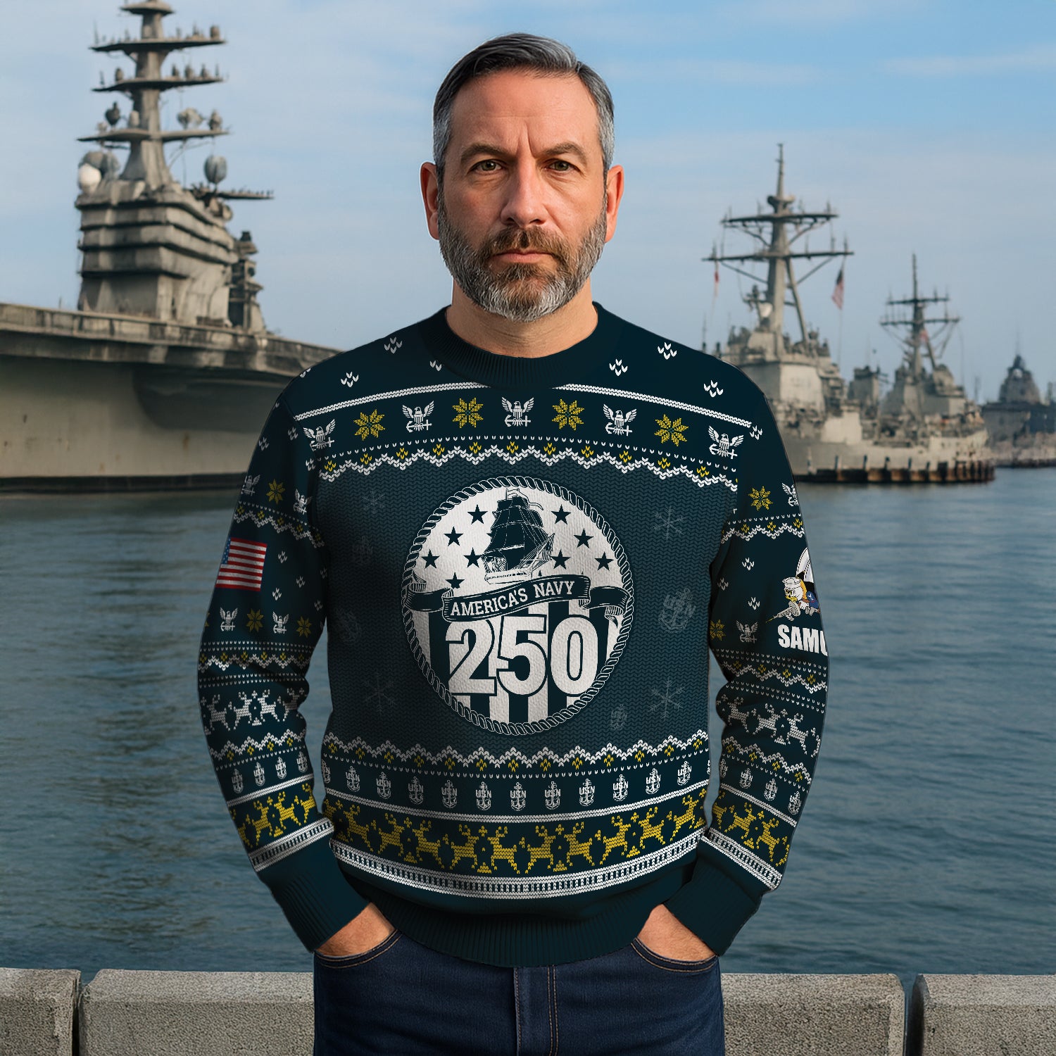 Custom Ranks And Text US Navy Ugly Christmas Sweater for Women Men JUST02