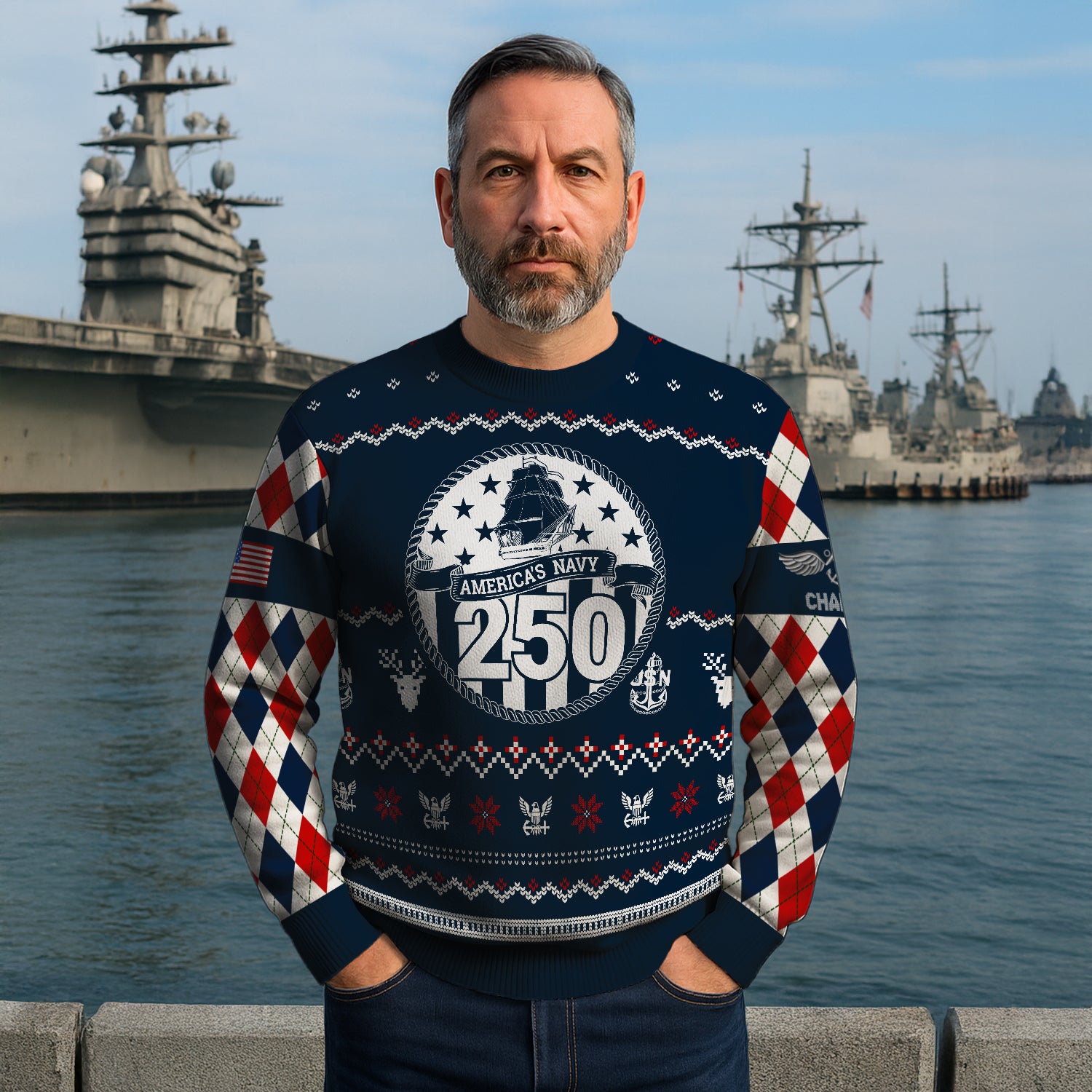 Custom Ranks And Text US Navy Ugly Christmas Sweater for Women Men JUST05