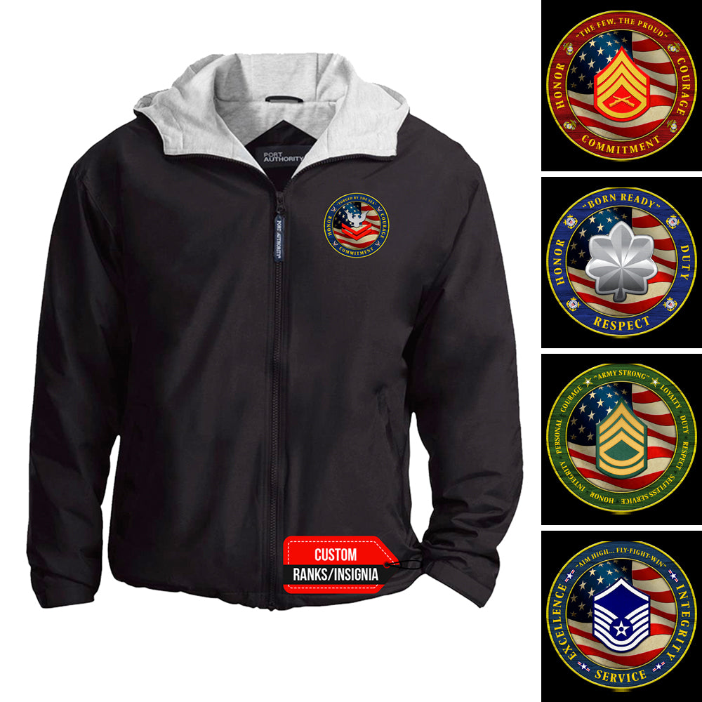 Custom US Military Ranks/Insignia Military Mottos, Core Values Print On Left Chest Team Jacket