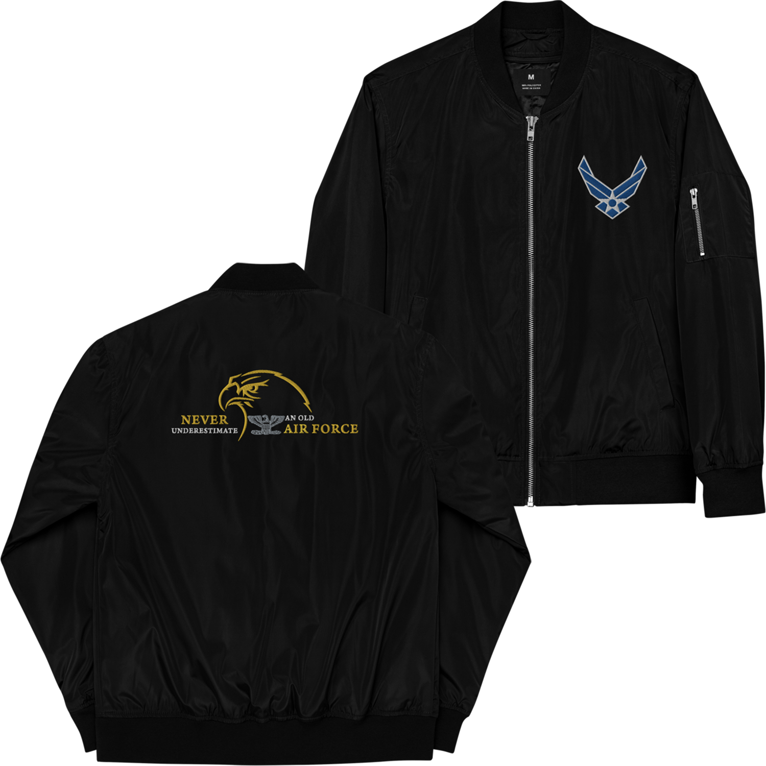 Never Underestimate An Old Air Force, Custom US Air Force Ranks, Insignia On Back, Embroidered Recycled Bomber Jacket