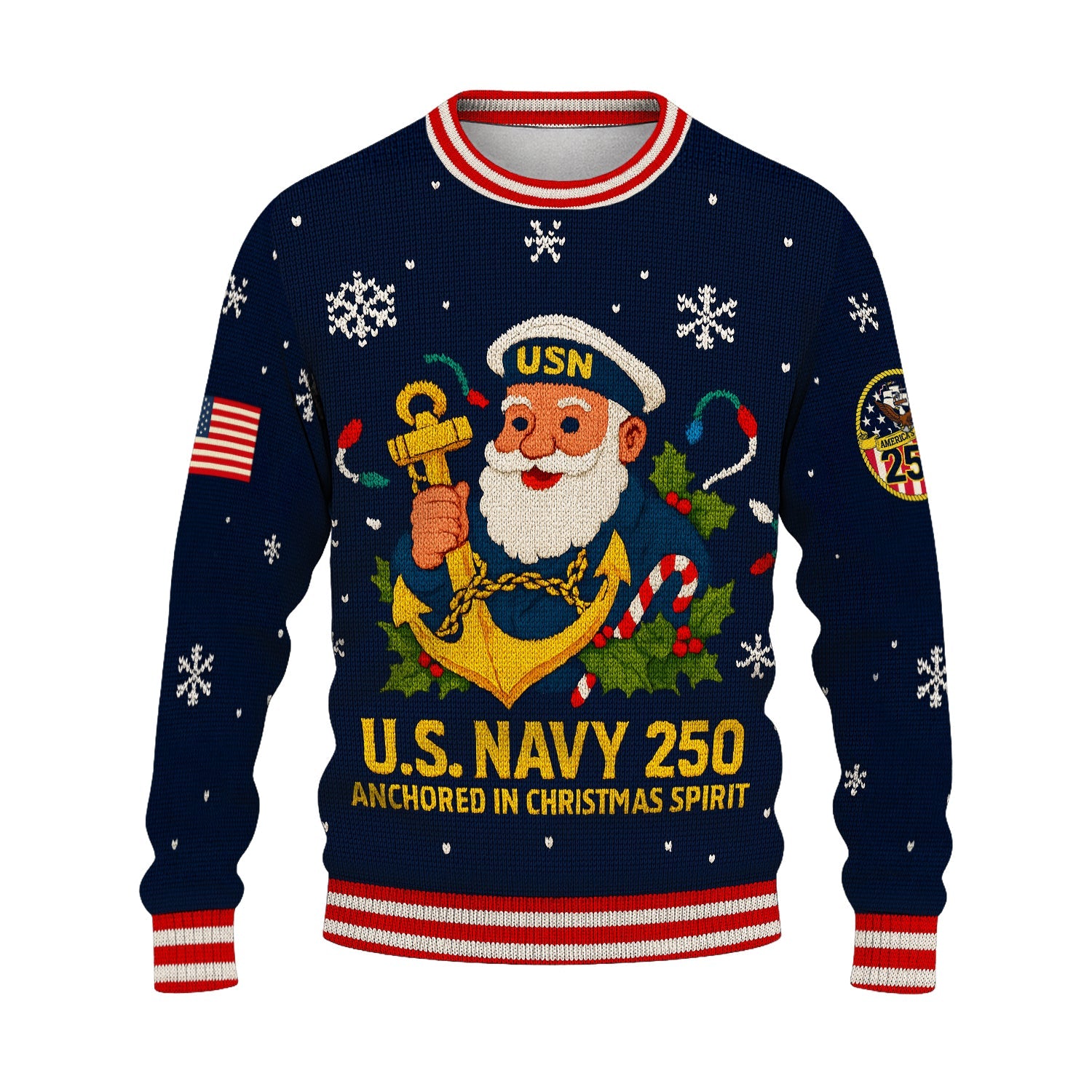 US Navy 250 Anchored In Christmas Spirit Christmas Ugly Sweater