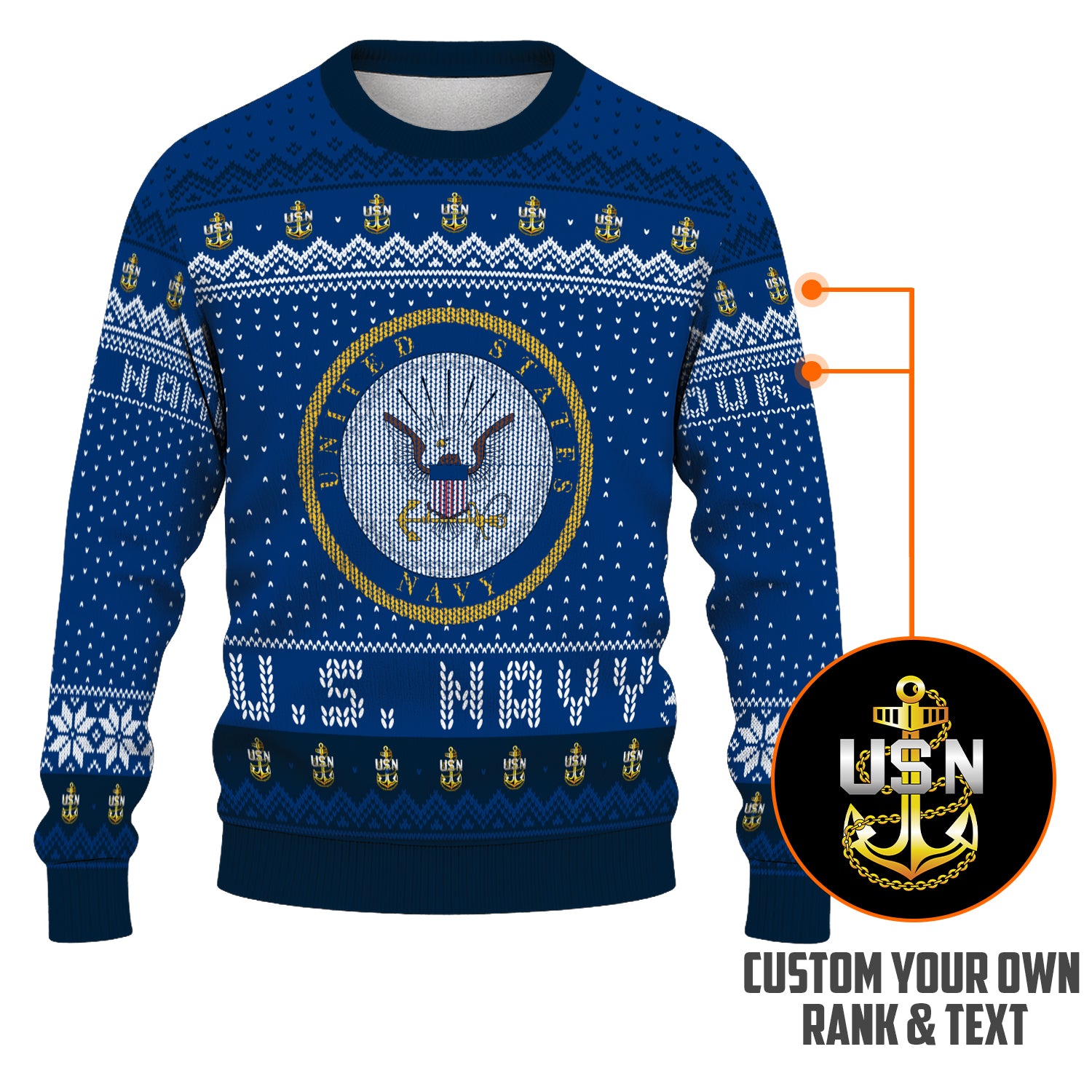 Custom Ranks And Text US Navy Ugly Christmas Sweater for Women Men TUST04