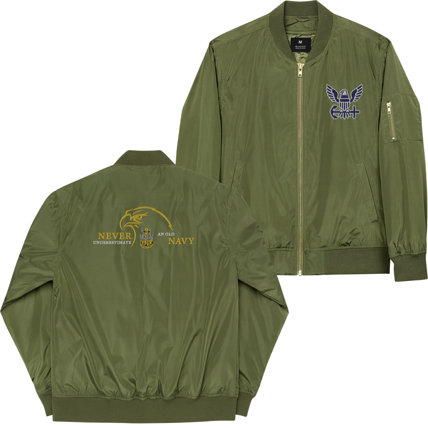 Never Underestimate An Old Navy, Custom Navy Ranks, Insignia On Back, Embroidered Recycled Bomber Jacket