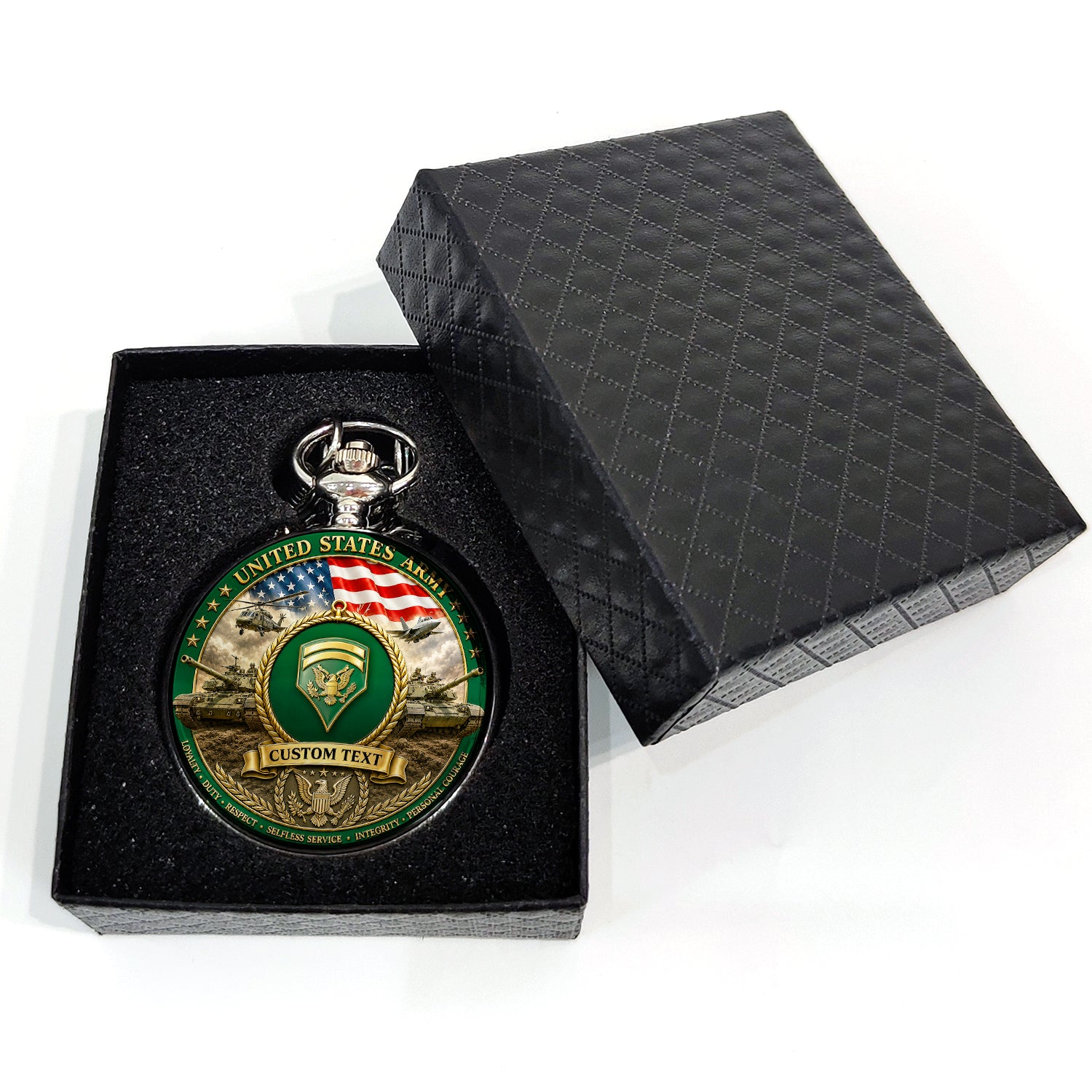Personalized US Army 250 Years Pocket Watch Custom Rank and Text