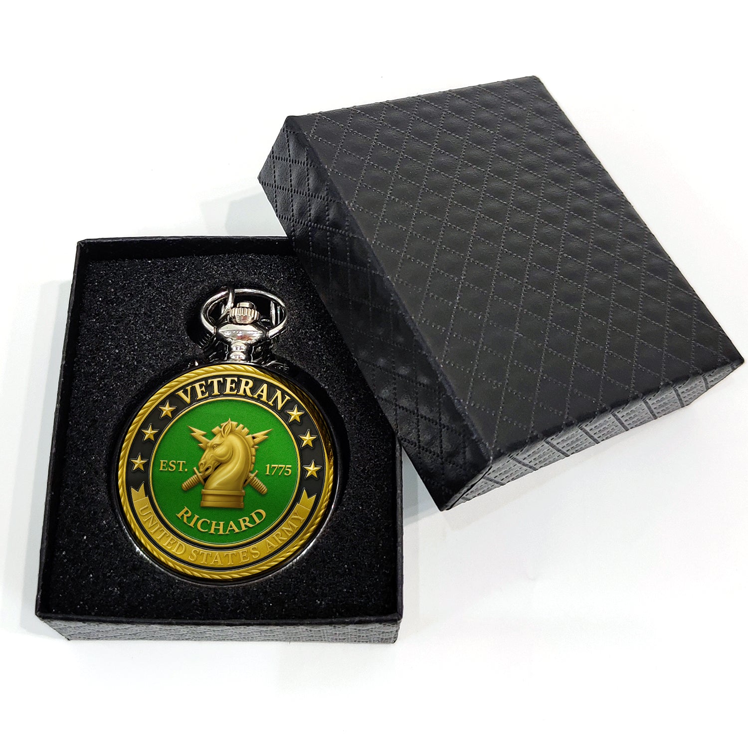 Personalized US Army EST 1775  Custom Ranks/Insignia And Text Round Pocket Watch