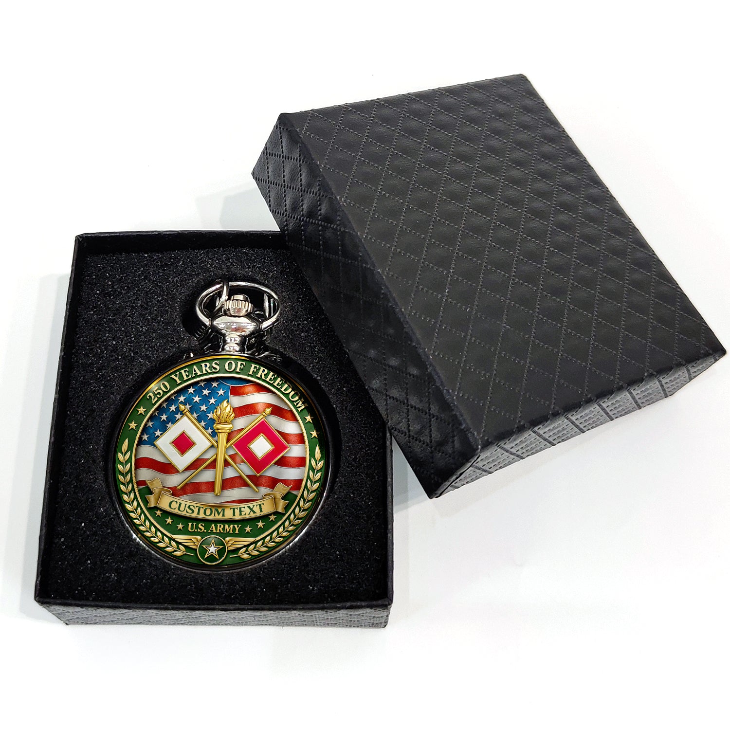 US Army 250th Anniversary Pocket Watch Custom Rank Name Veteran Gift