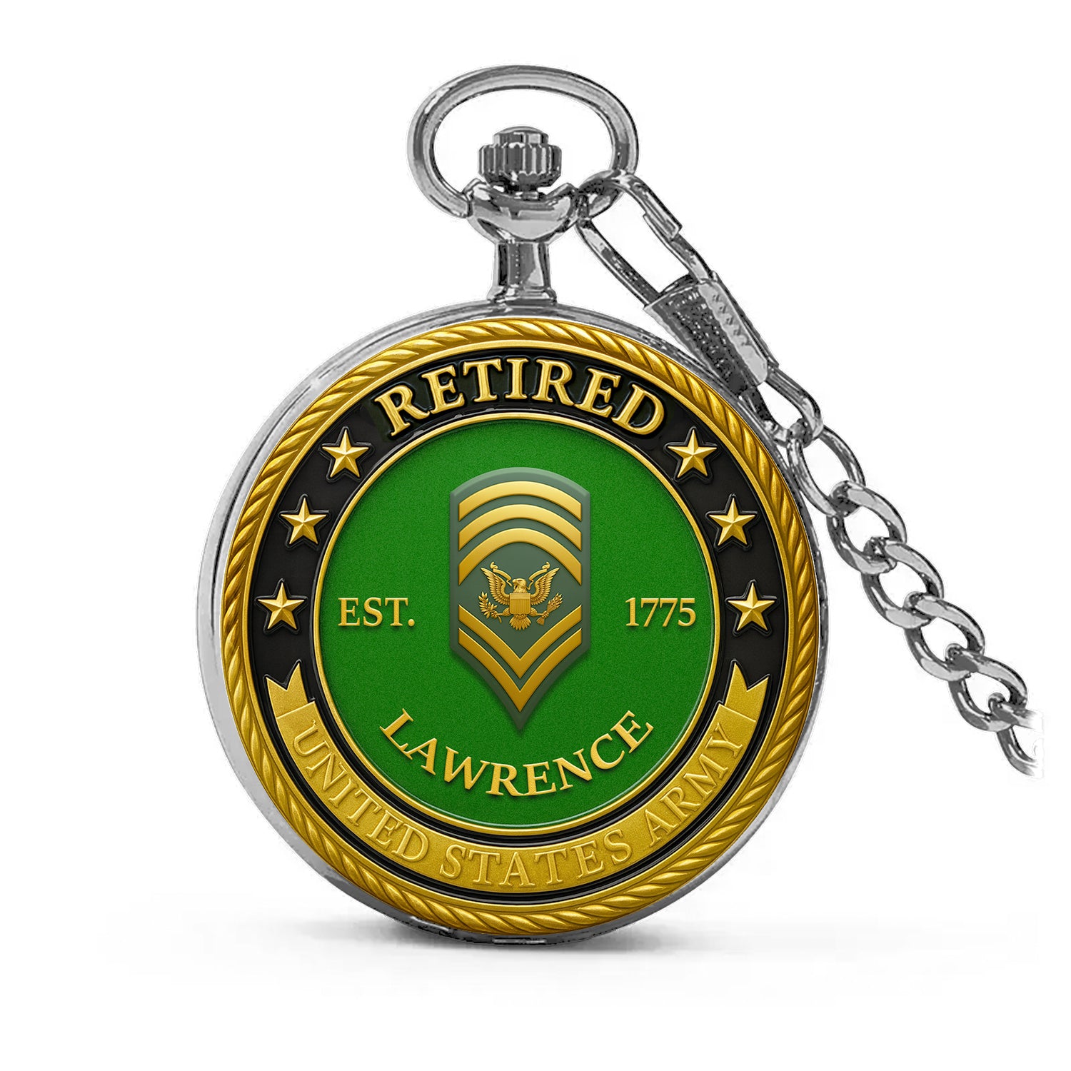 Personalized US Army EST 1775  Custom Ranks/Insignia And Text Round Pocket Watch