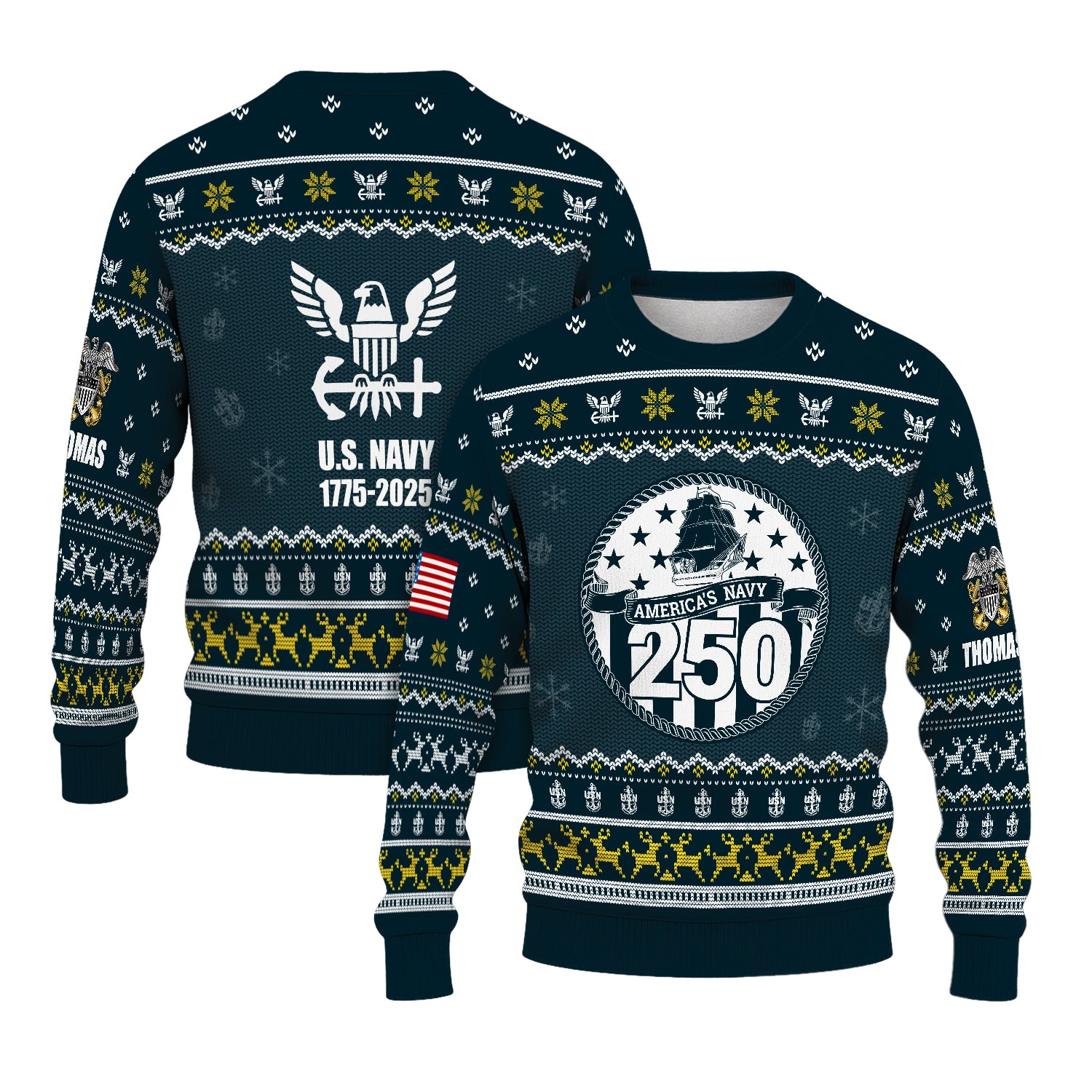 Custom Ranks And Text US Navy Ugly Christmas Sweater for Women Men JUST02