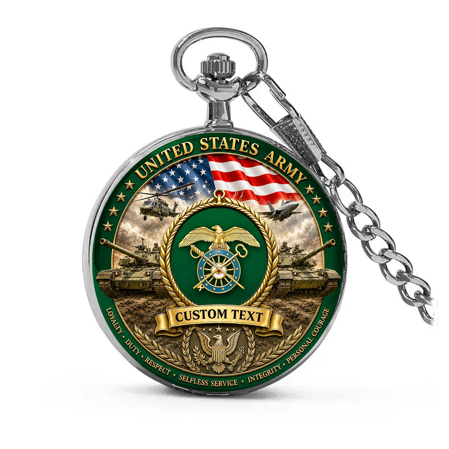 Personalized US Army 250 Years Pocket Watch Custom Rank and Text