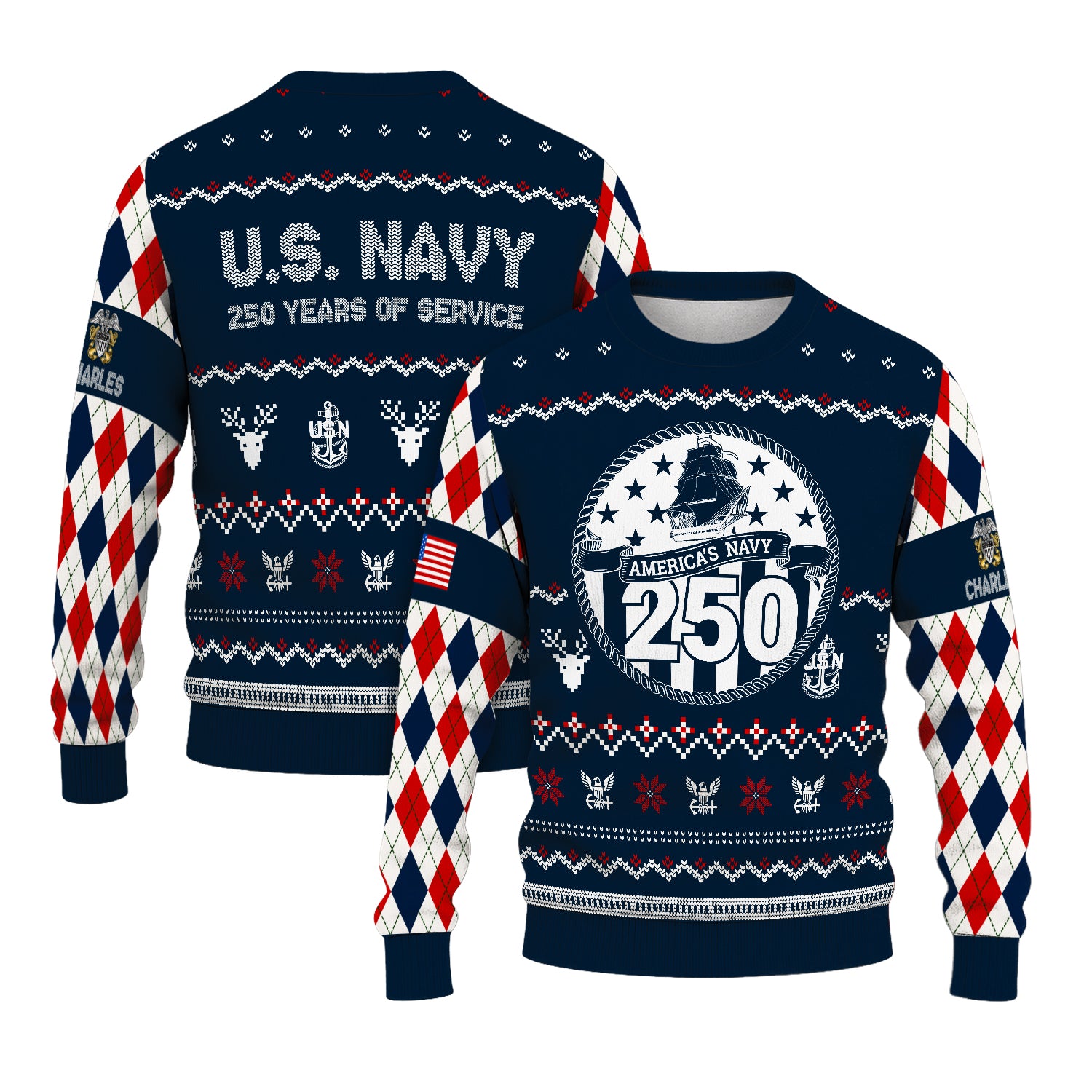 Custom Ranks And Text US Navy Ugly Christmas Sweater for Women Men JUST05