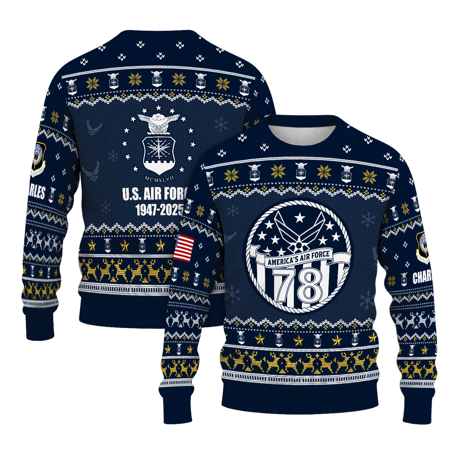 Custom Ranks And Text US Air Force Ugly Christmas Sweater for Women Men JUST02