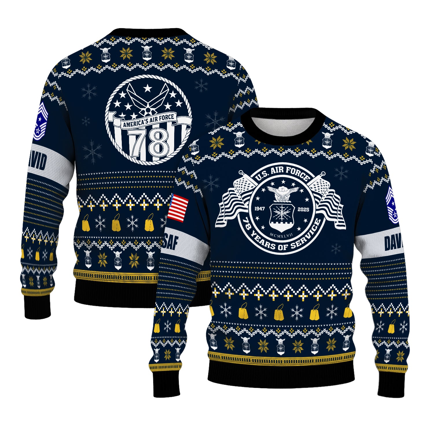 Custom Ranks And Text US Air Force Ugly Christmas Sweater for Women Men JUST04