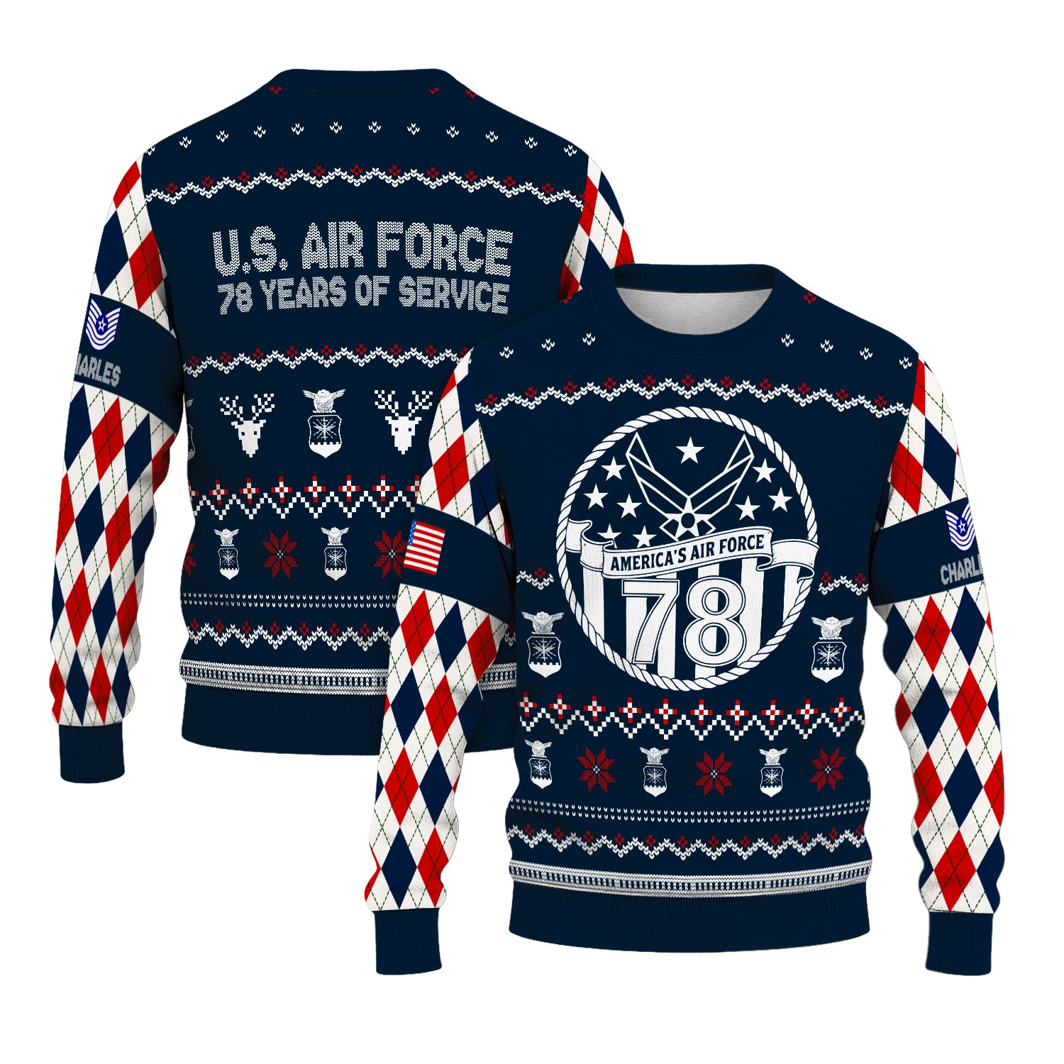 Custom Ranks And Text US Air Force Ugly Christmas Sweater for Women Men JUST05
