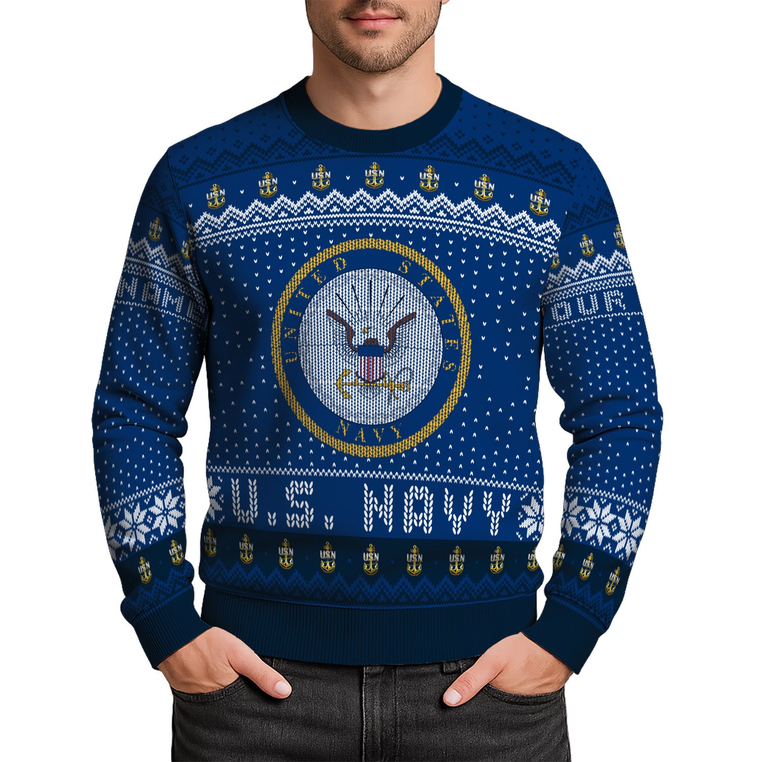 Custom Ranks And Text US Navy Ugly Christmas Sweater for Women Men TUST04