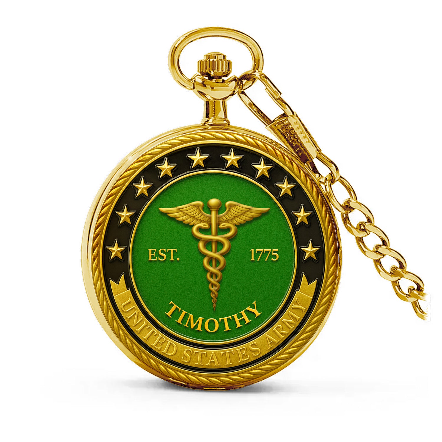 Personalized US Army EST 1775  Custom Ranks/Insignia And Text Round Pocket Watch