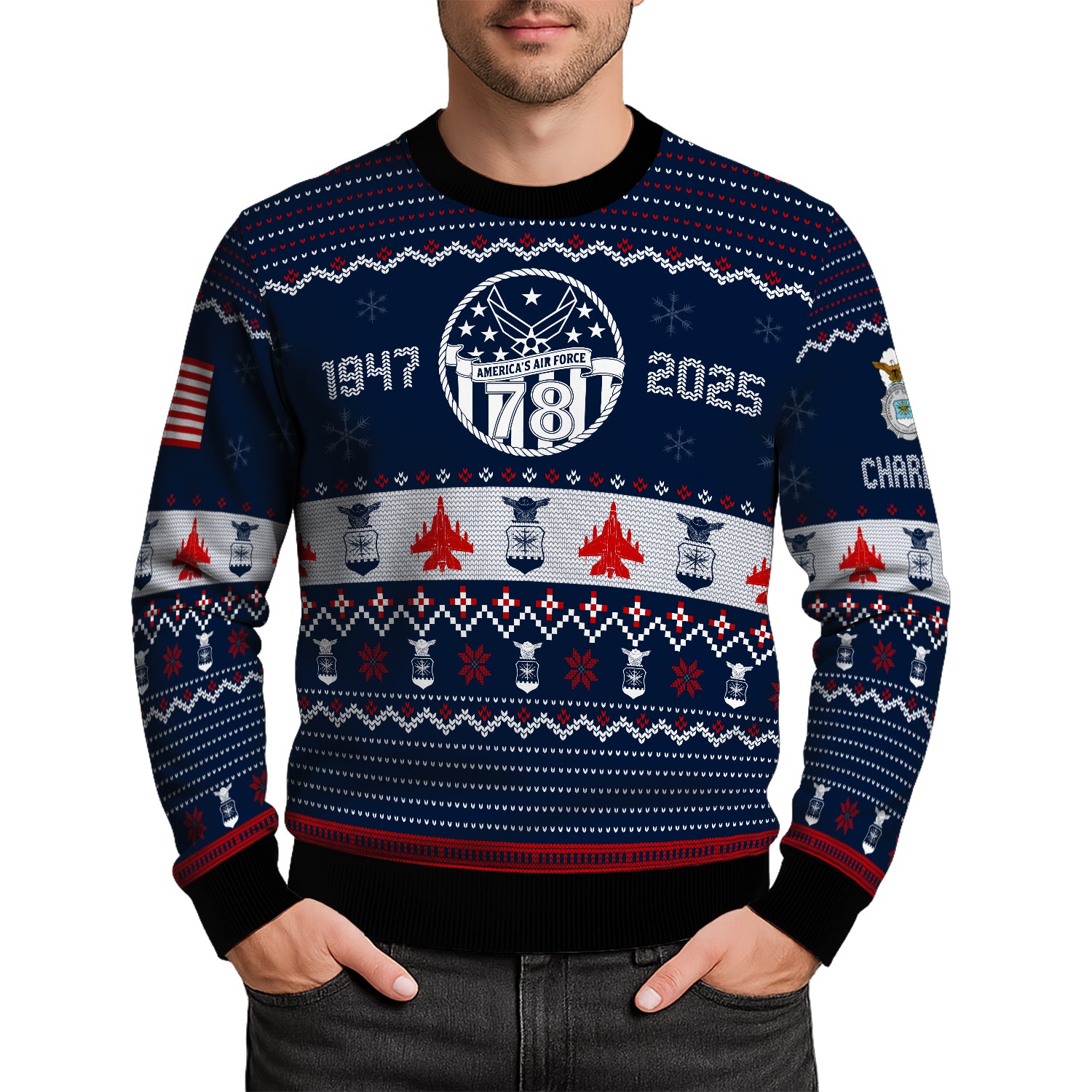 Custom Ranks And Text US Air Force Ugly Christmas Sweater for Women Men JUST03