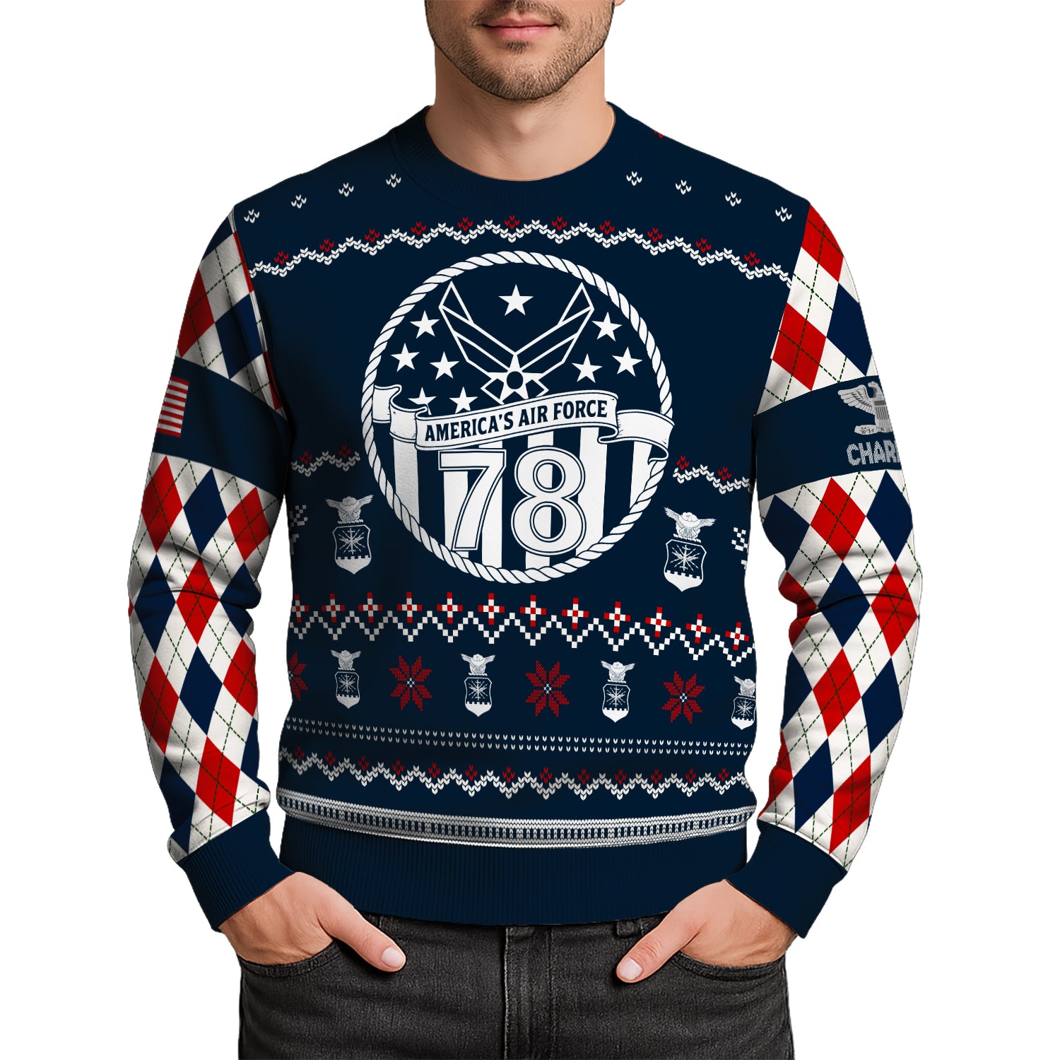 Custom Ranks And Text US Air Force Ugly Christmas Sweater for Women Men JUST05