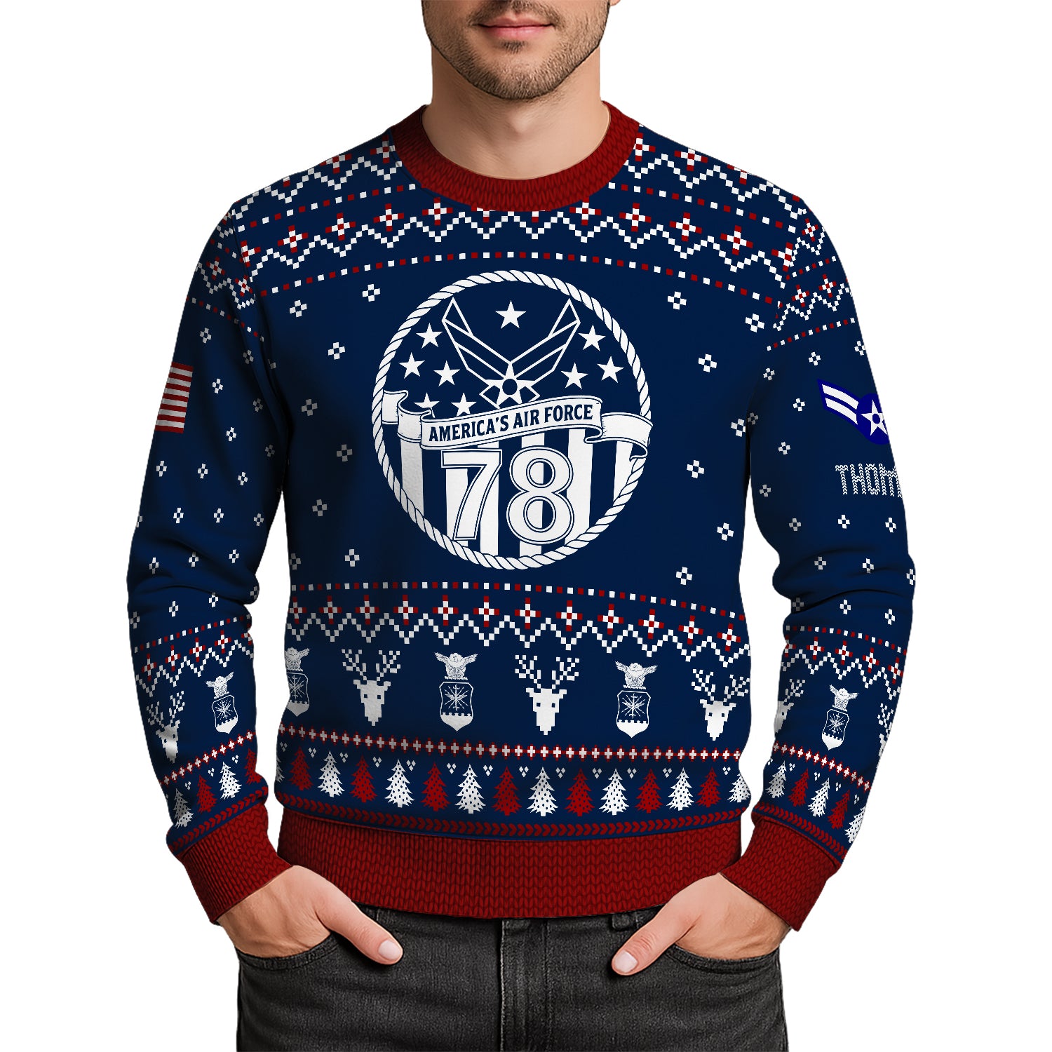 Custom Ranks And Text US Air Force Ugly Christmas Sweater for Women Men JUST01