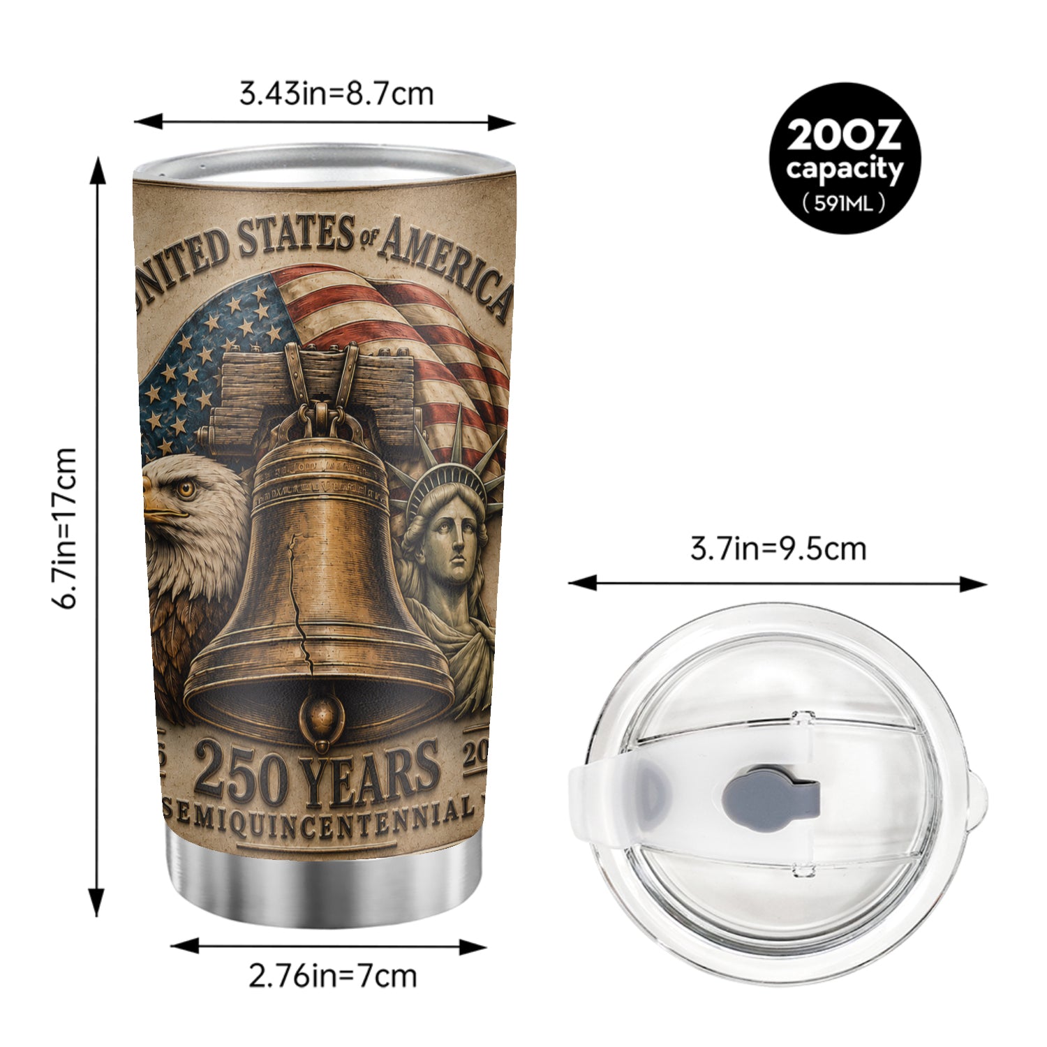 USA 250 Years Semiquincentennial Liberty Bell 20oz Tumbler Gift