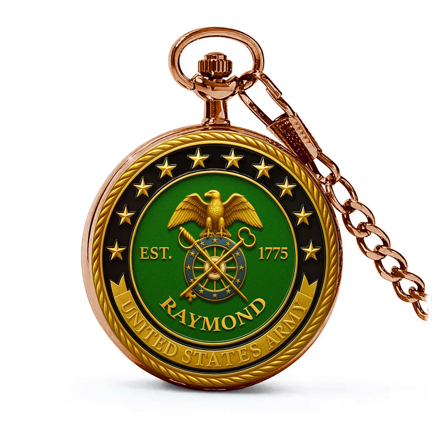 Personalized US Army EST 1775  Custom Ranks/Insignia And Text Round Pocket Watch