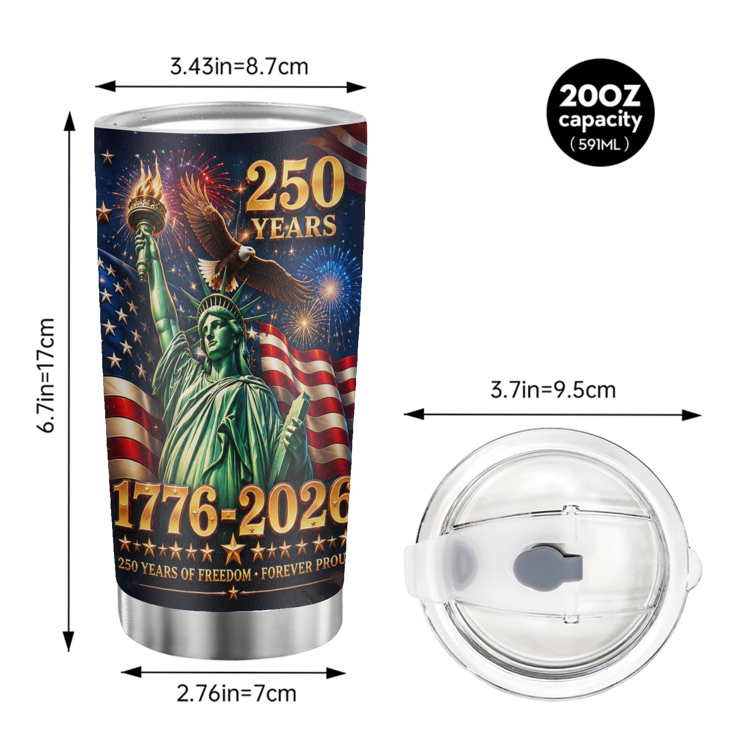 America 250 Years Freedom 20oz Tumbler Statue of Liberty Patriotic Gift