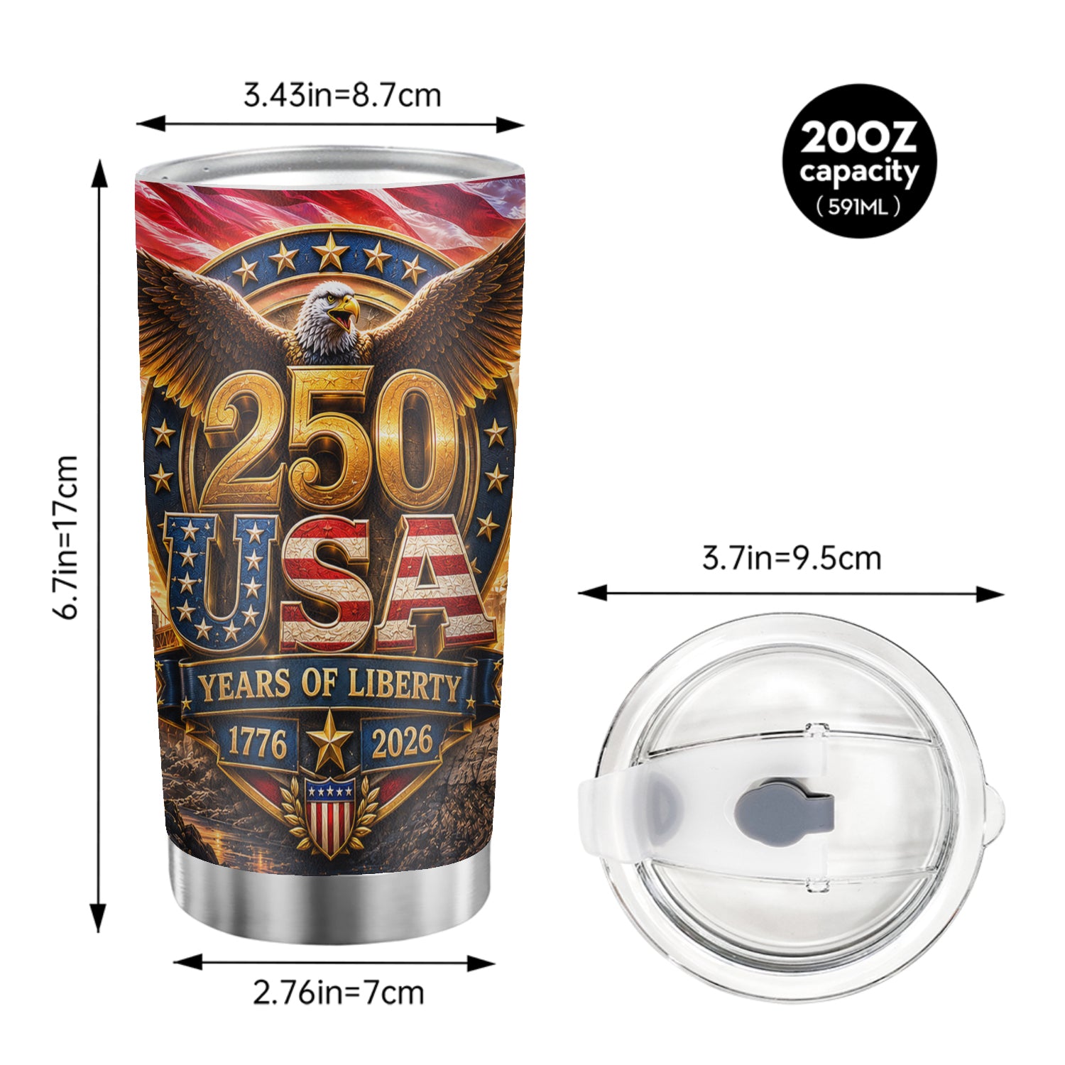 USA 250 Years of Liberty 20oz Tumbler Patriotic Eagle Gift