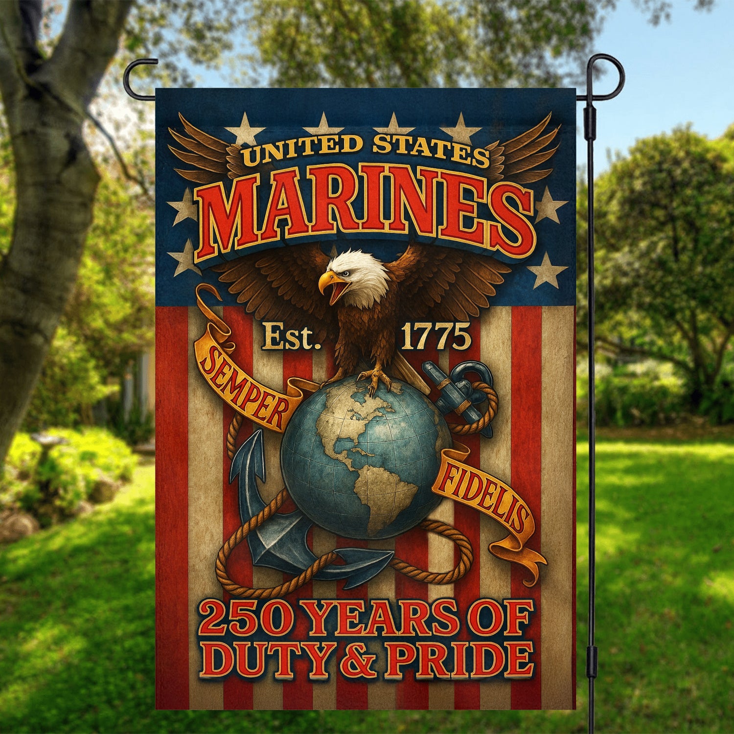 MARlNE 250 Years Duty & Pride Garden Flag 12" x 18" Twin-Side Printing