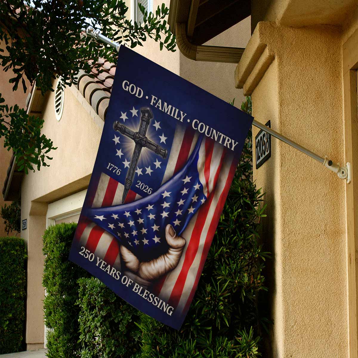 God Family Country House Flag Christian Patriotic USA 250 Years Blessings 1776-2026 Banner