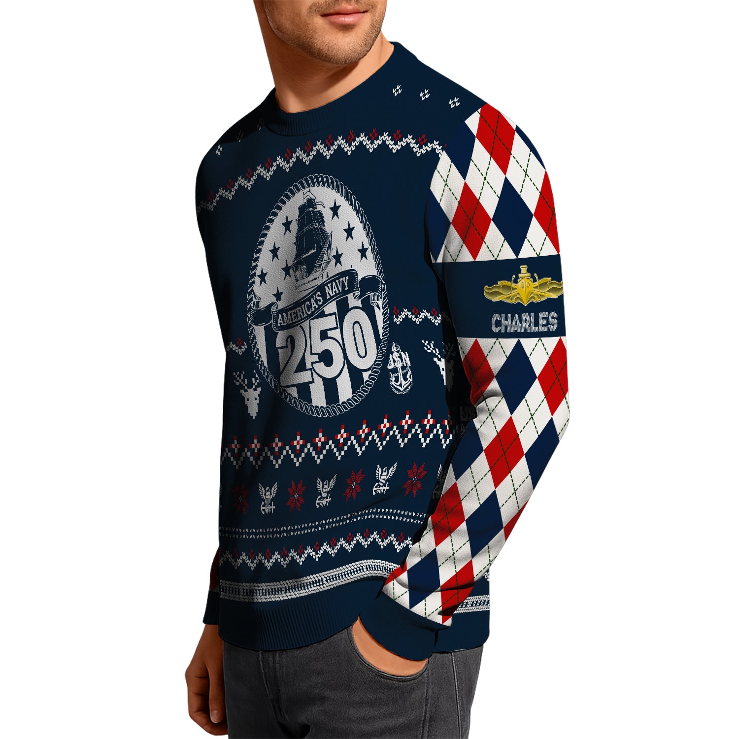 Custom Ranks And Text US Navy Ugly Christmas Sweater for Women Men JUST05