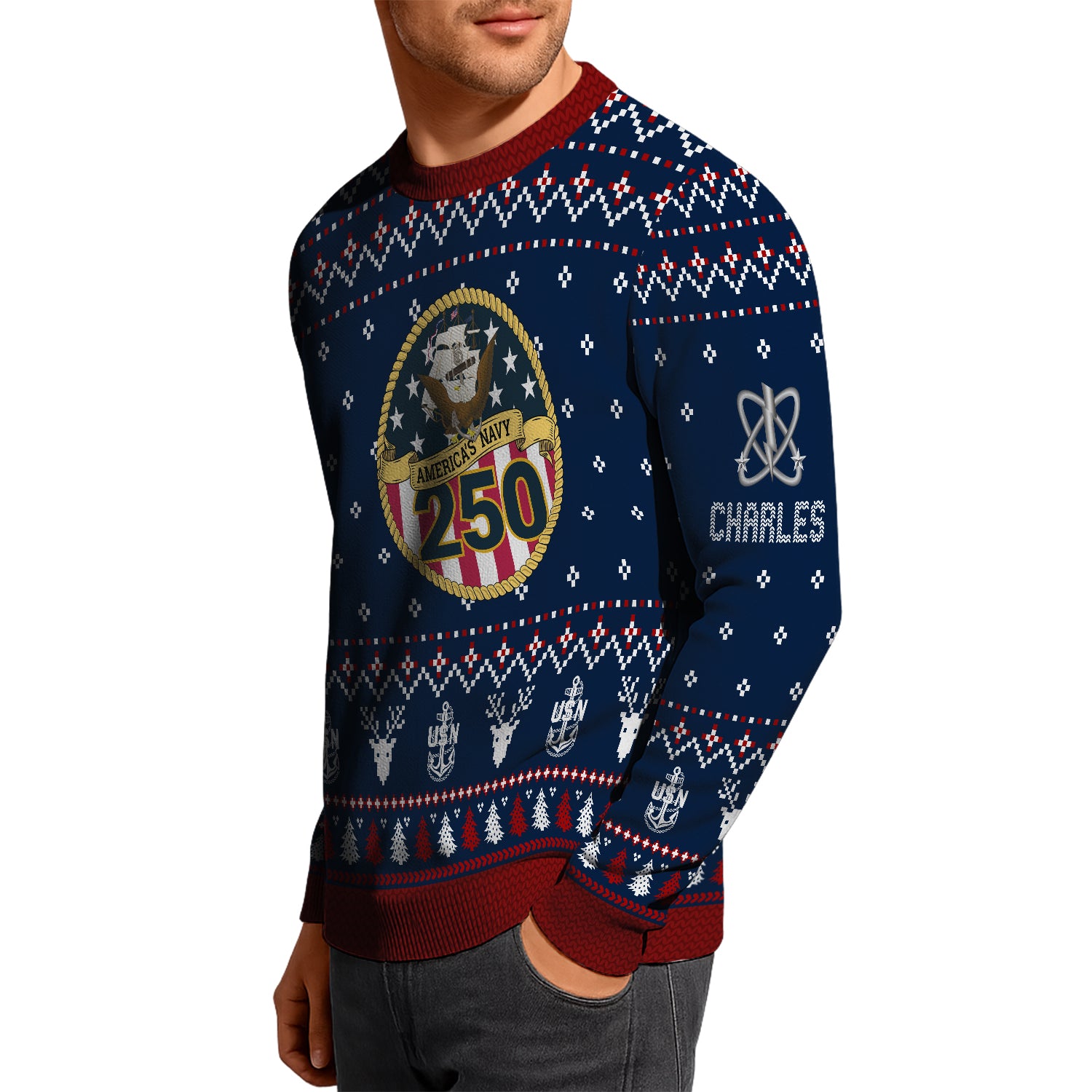 Custom Ranks And Text US Navy Ugly Christmas Sweater for Women Men JUST01