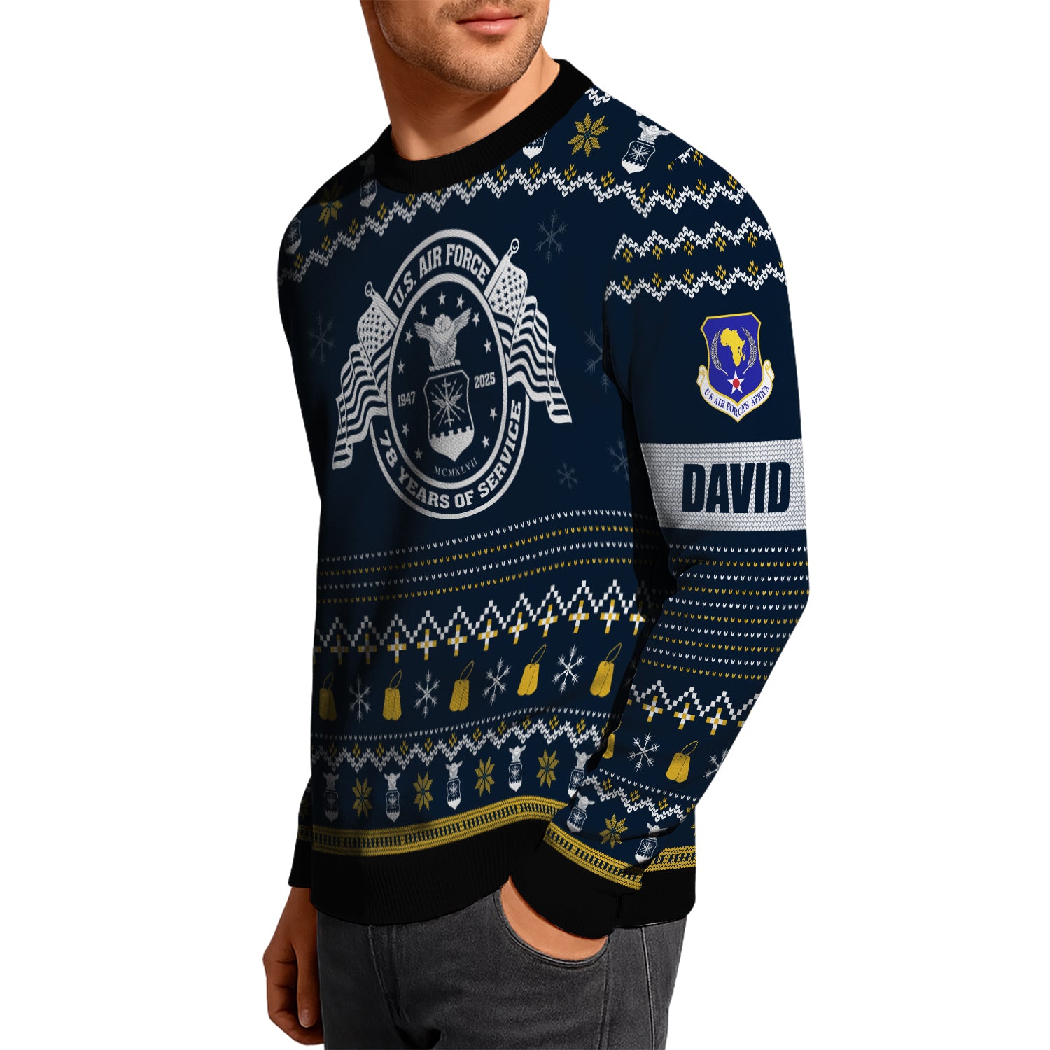 Custom Ranks And Text US Air Force Ugly Christmas Sweater for Women Men JUST04