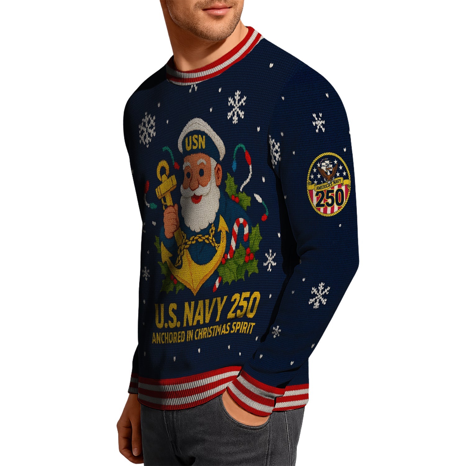 US Navy 250 Anchored In Christmas Spirit Christmas Ugly Sweater