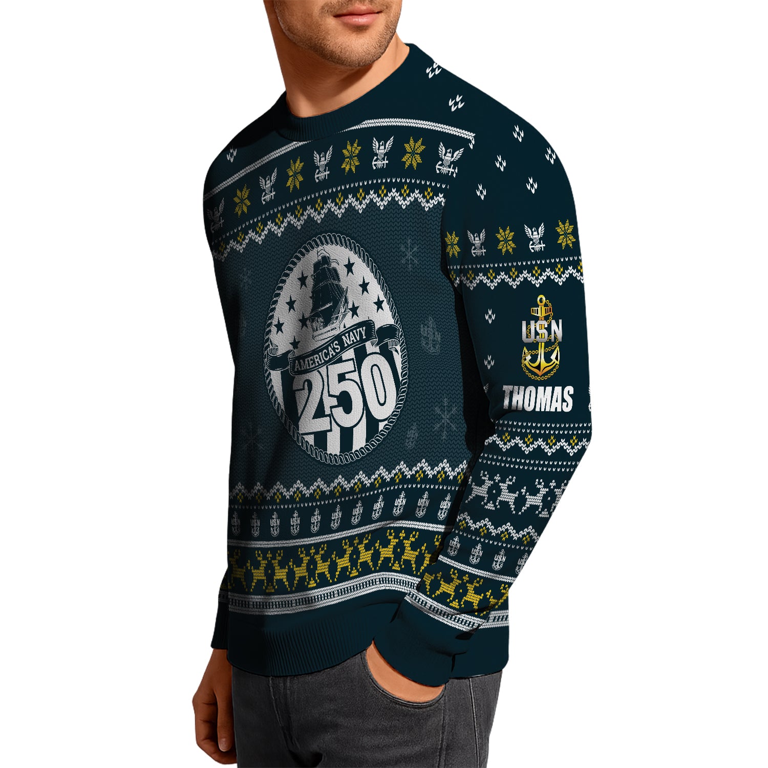 Custom Ranks And Text US Navy Ugly Christmas Sweater for Women Men JUST02