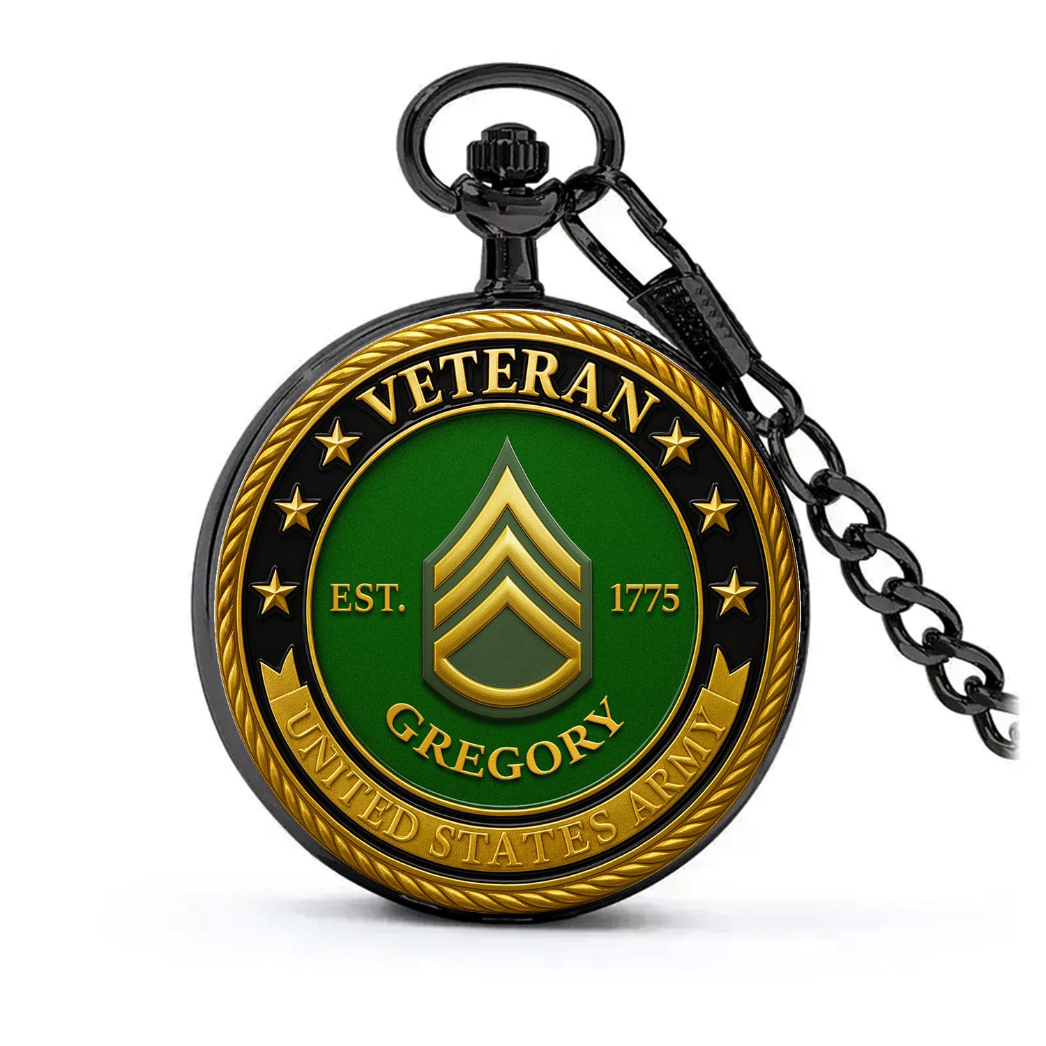 Personalized US Army EST 1775  Custom Ranks/Insignia And Text Round Pocket Watch