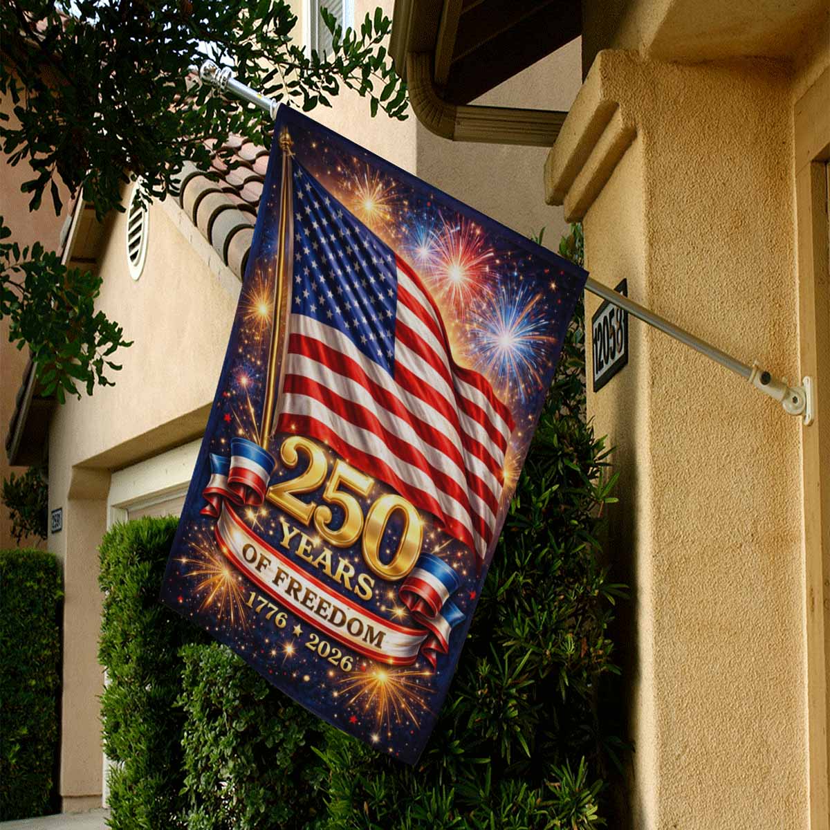 America 250 Years of Freedom House Flag 1776–2026 – Patriotic Fireworks Outdoor Banner