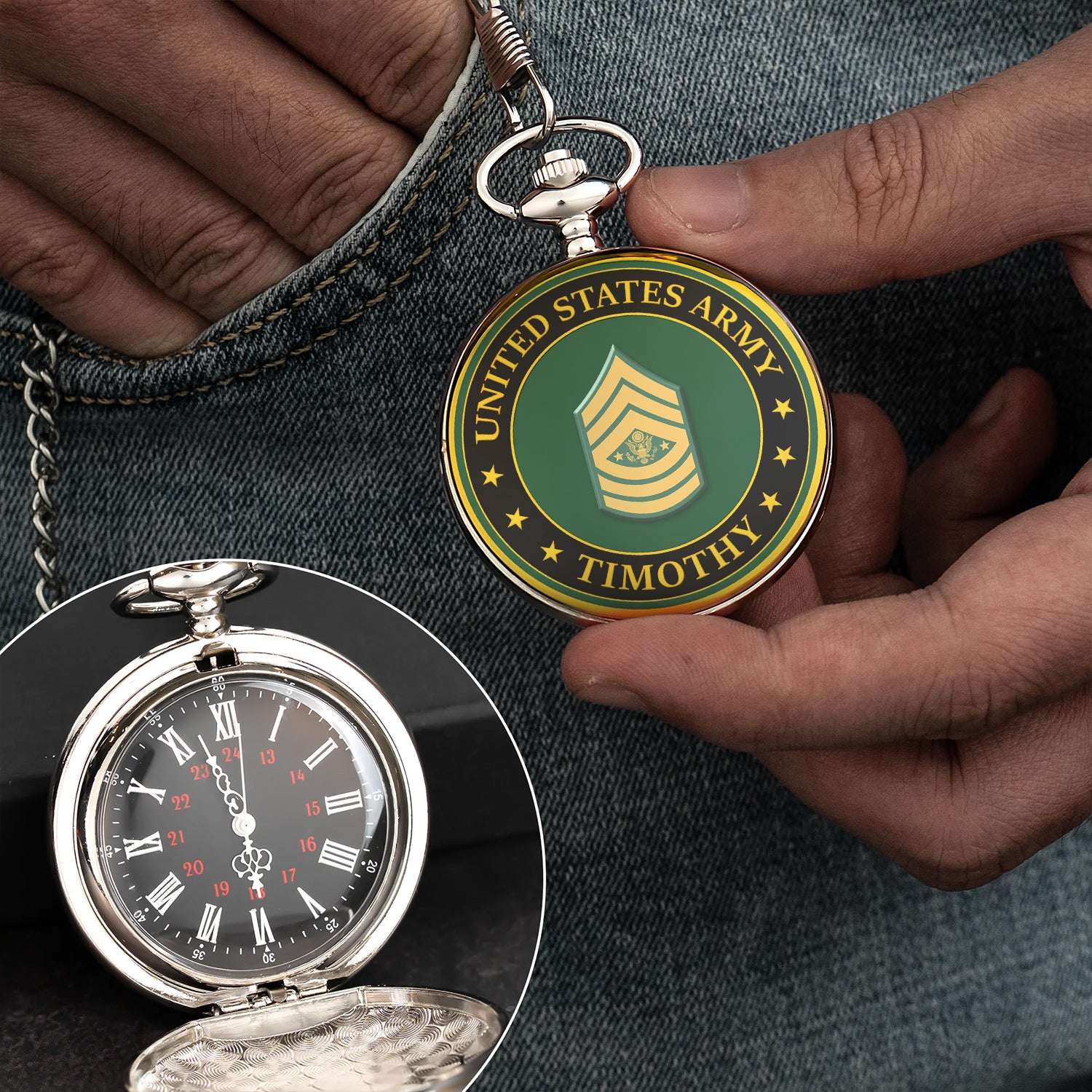 Personalized US Army Custom Ranks/Insignia And Text Round Pocket Watch