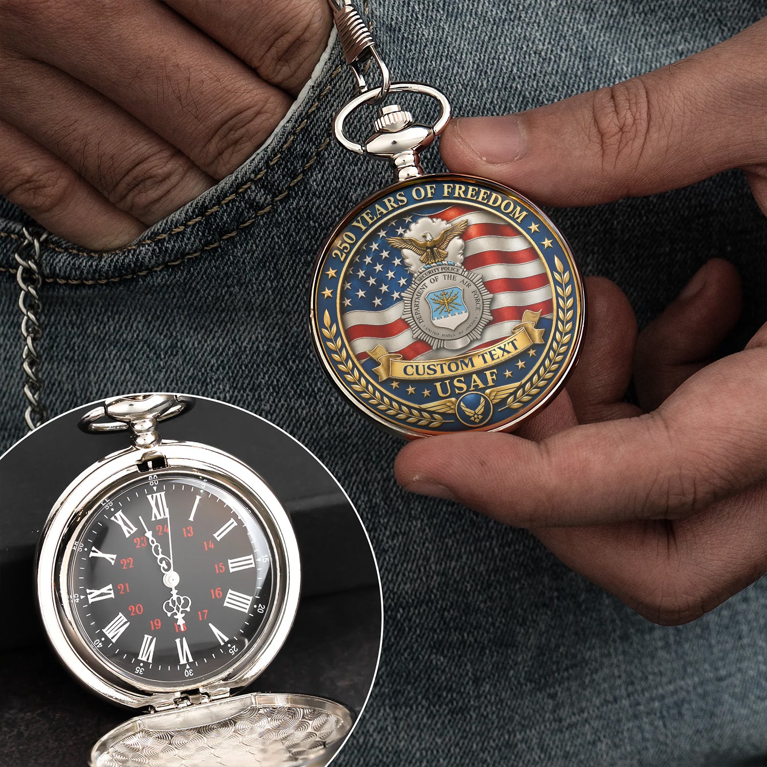 US Air Force Veteran Pocket Watch Custom Name Rank Anniversary Gift