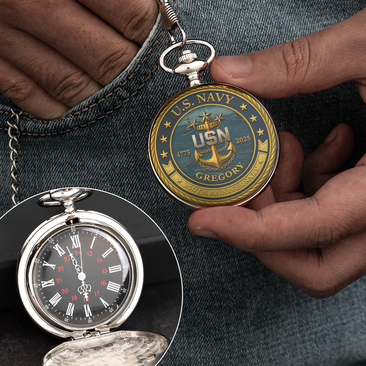U.S. Navy 250th Anniversary Pocket Watch – Personalized Gift for Sailors & Veterans