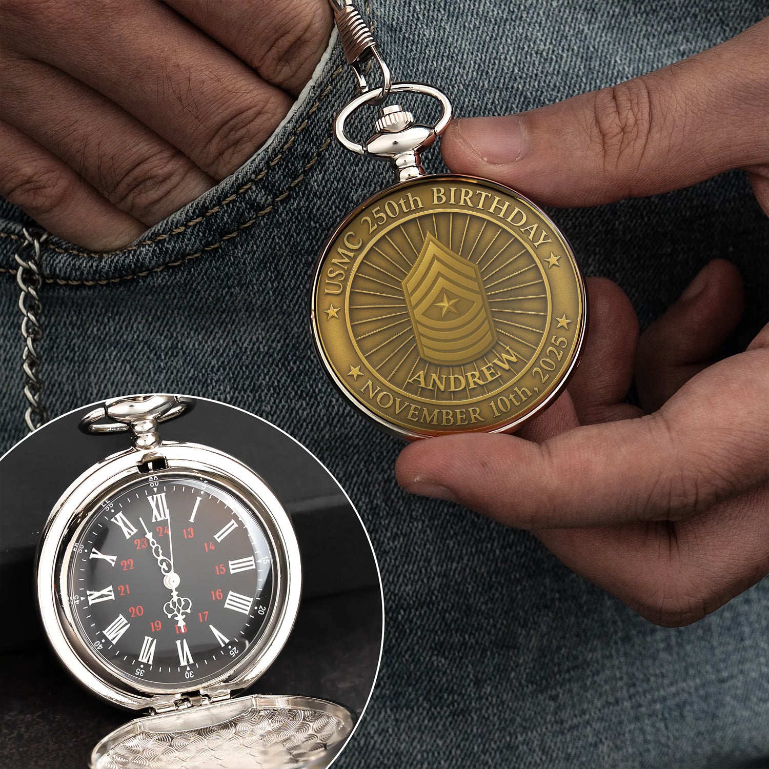 Personalized MARlNE 250th Birthday - Custom 3D Effect Printed Pocket Watch