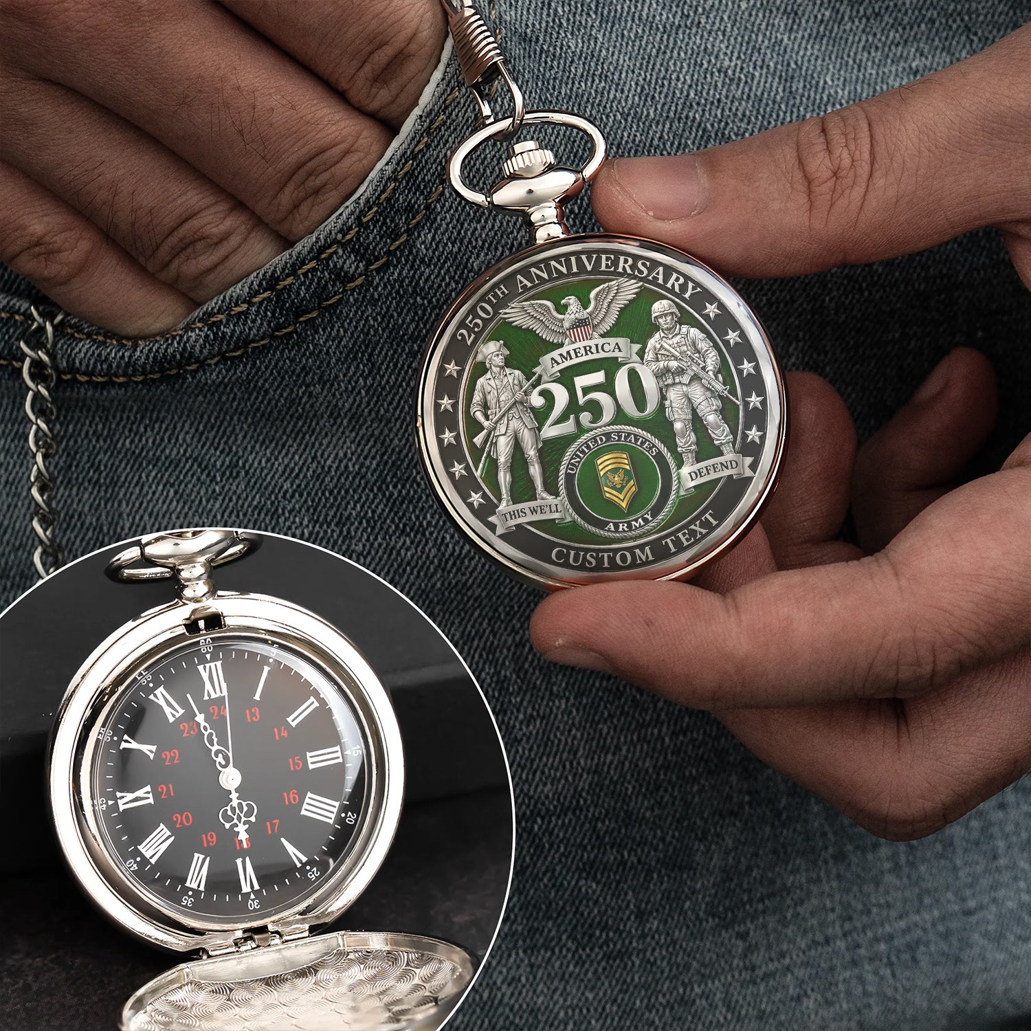 Personalized US Army Pocket Watch 250 Years Custom Text Military Gift