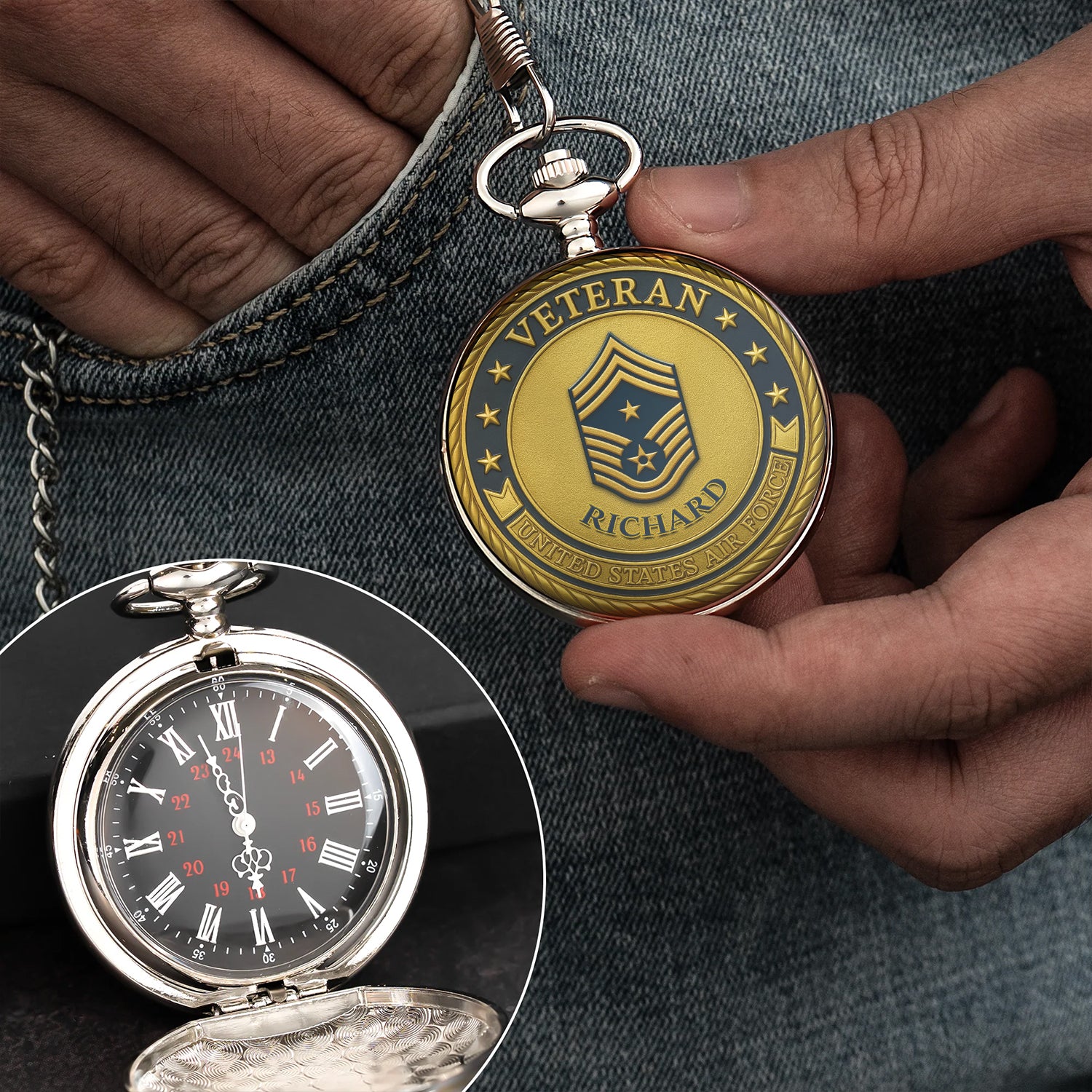 Personalized US Air Force Custom Ranks/Insignia And Text Round Pocket Watch